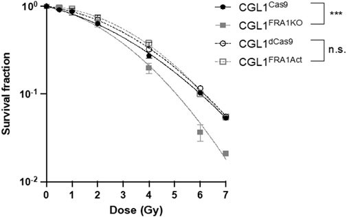 Graph showing survival fraction against dose (Gy) for four cell lines: CGL1\(^\text{Cas9}\), CGL1\(^\text{FRA1KO}\), CGL1\(^\text{dCas9}\), and CGL1\(^\text{FRA1Act}\). CGL1\(^\text{Cas9}\) has significantly higher survival; differences marked by