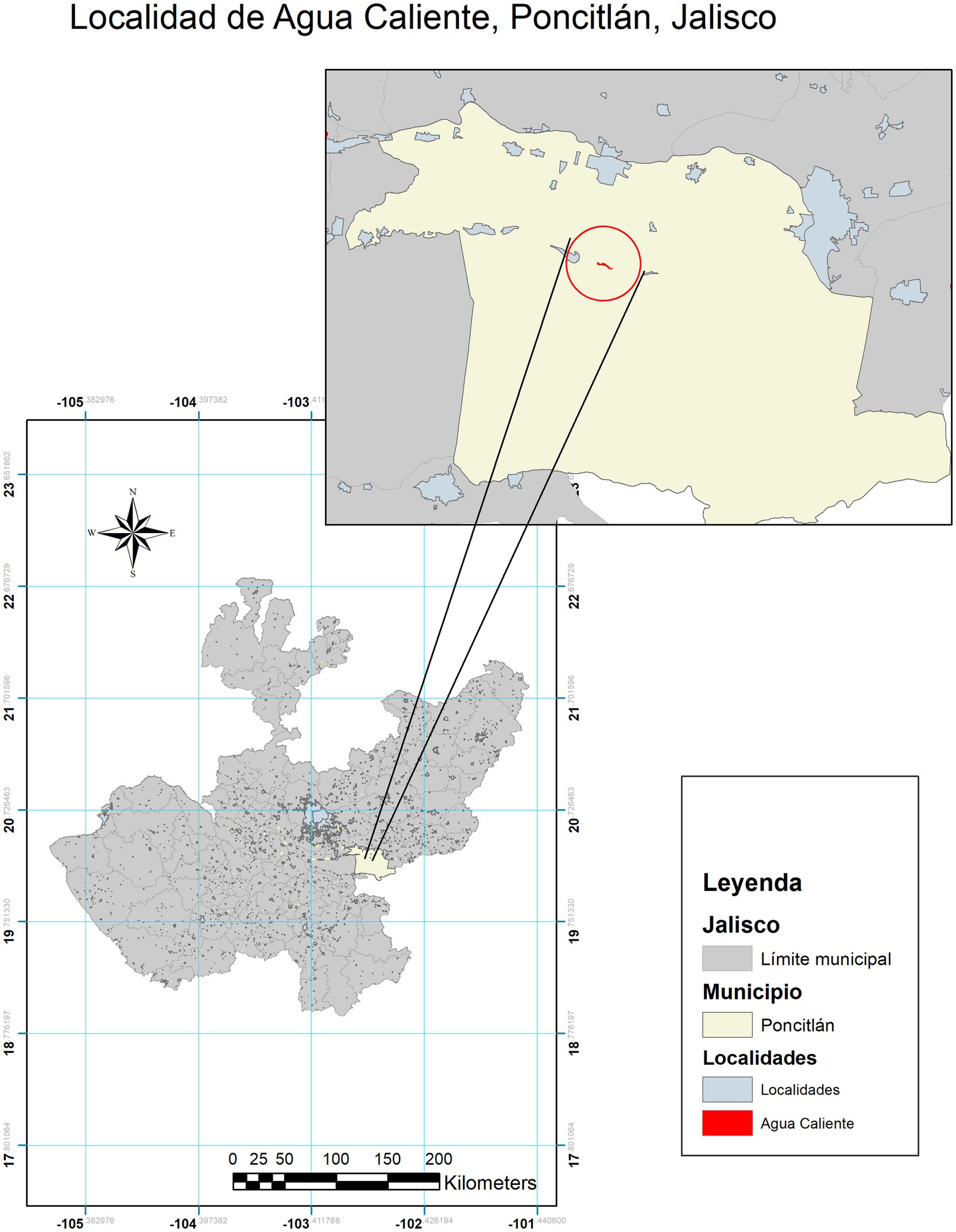 Map showing the location of Agua Caliente in Poncitlán, Jalisco. It includes a detailed inset highlighting the specific area within the municipality. The legend indicates municipal boundaries in gray, Poncitlán in yellow, and Agua Caliente in red. A scale in kilometers is provided.
