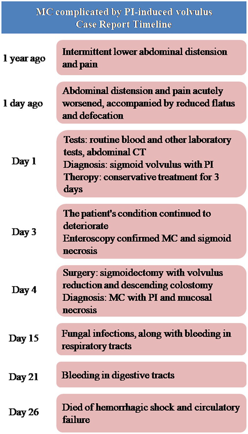 Timeline of a medical case report detailing the progression of MC with PI-induced volvulus. It starts a year ago with intermittent abdominal pain, worsening to acute symptoms a day prior to diagnosis. Day 1 involves tests revealing sigmoid volvulus, leading to conservative therapy. By Day 3, deterioration occurs, confirmed by enteroscopy. Day 4 includes surgery and diagnosis of mucosal necrosis. By Day 15, fungal infections and respiratory bleeding occur. Day 21 shows digestive tract bleeding, culminating in death by hemorrhagic shock and circulatory failure on Day 26.