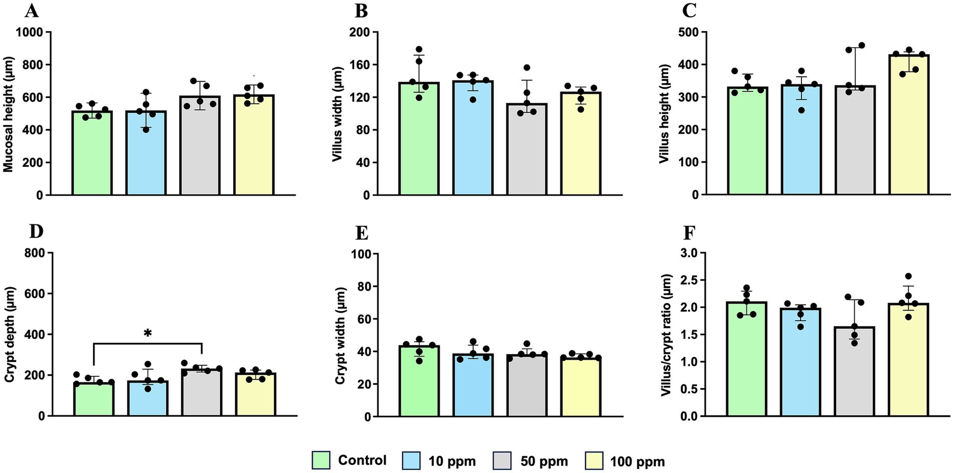 Graphical representation of the different measurements performed in the jejunum among groups with different treatments (control, 10 ppm, 50 ppm, 100 ppm). Measurements include mucosal height, villus width and height, crypt depth and width, and villus to crypt ratio. The control group is in green, 10 ppm in blue, 50 ppm in gray, and 100 ppm in yellow. Bars represent median ± IQR. Black circles correspond to individual animal values within each group. Statistically significant differences were found in the parameter crypt depth between the control group and 50 ppm group.