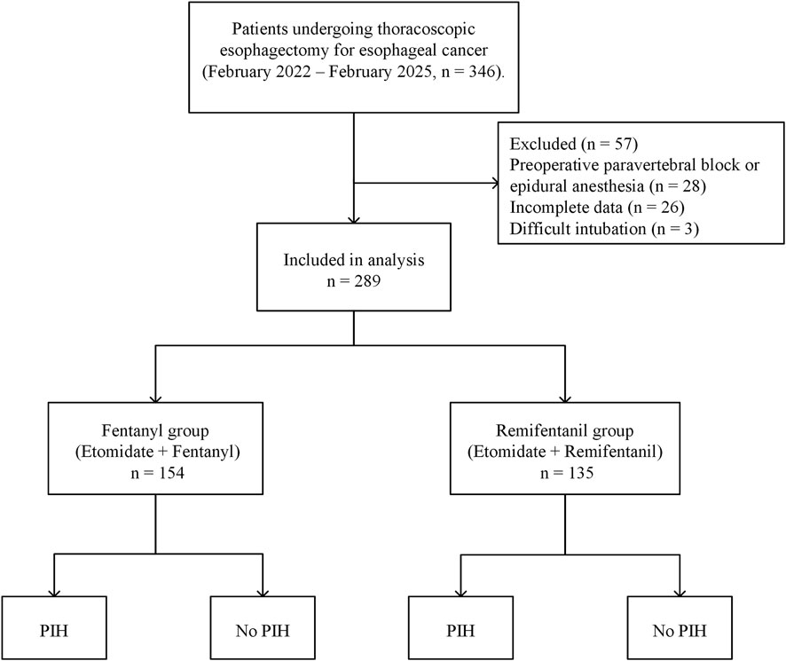 Flowchart detailing patient selection for a study on esophagectomy from February 2022 to February 2025. Initially, 346 patients were considered. Fifty-seven were excluded due to preoperative blocks, incomplete data, or difficult intubation. The analysis included 289 patients, divided into two groups: Fentanyl group (154 patients) and Remifentanil group (135 patients), each further divided based on the presence or absence of postinduction hypotension (PIH).