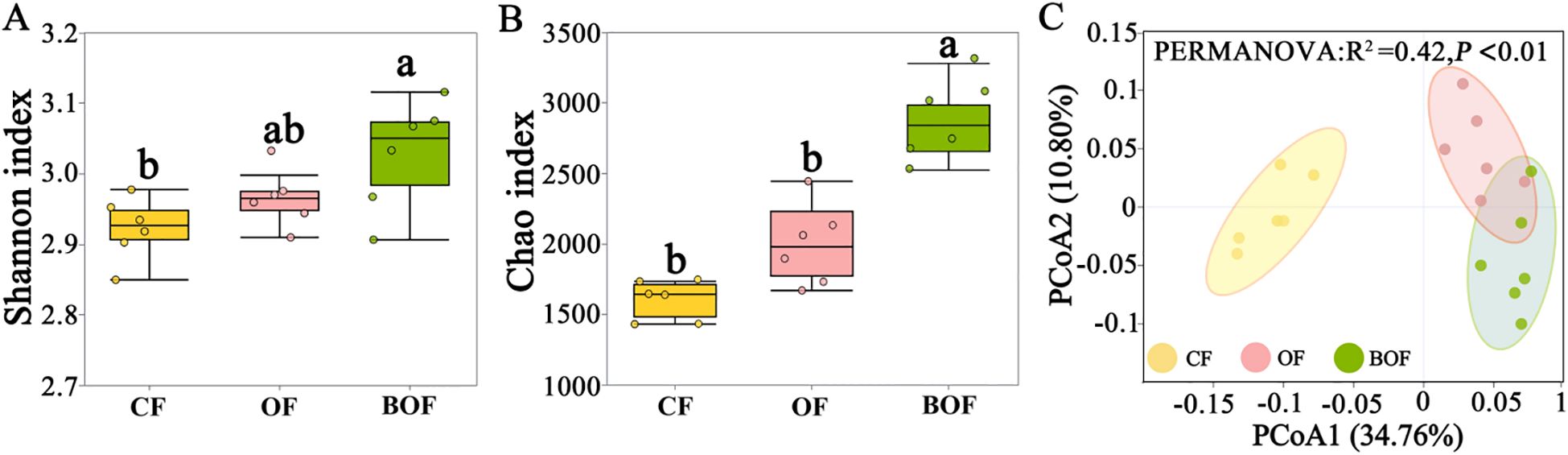 Boxplots and scatter plot comparing CF, OF, and BOF. Panel A shows Shannon index with BOF highest, CF lowest. Panel B shows Chao index with BOF highest, CF lowest. Panel C shows a PCoA plot depicting clustering with colored ellipses for each group. Statistical significance is denoted by different letters and a PERMANOVA result of R squared equals 0.42, p less than 0.01.