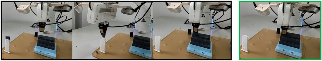 Robotic arm performing a task above a flat surface with mounted components, including a small structure and electronic parts. The arm's movement is shown in a sequence of four images, demonstrating its range of motion.