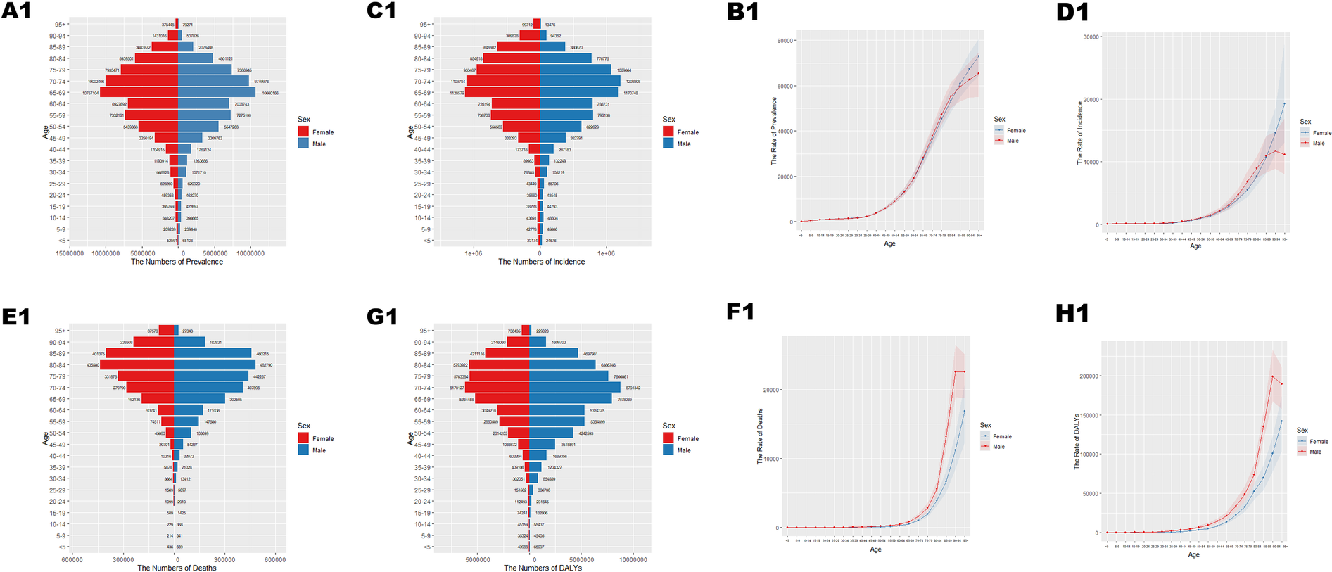 Bar and line charts depict various health statistics by sex and age group:\n\nA1: Prevalence numbers for males and females, age-based distribution.\nB1: Prevalence rate line graph, showing age-related trends for both sexes.\nC1: Incidence numbers similarly categorized by age and sex.\nD1: Incidence rate line graph, with age and sex trends.\nE1: Death numbers, showing differences between sexes across age groups.\nF1: Death rate line graph, illustrating sex and age-related disparities.\nG1: Disability-Adjusted Life Years (DALYs) numbers by age and sex.\nH1: DALYs rate line graph, showing trends across age and sex.