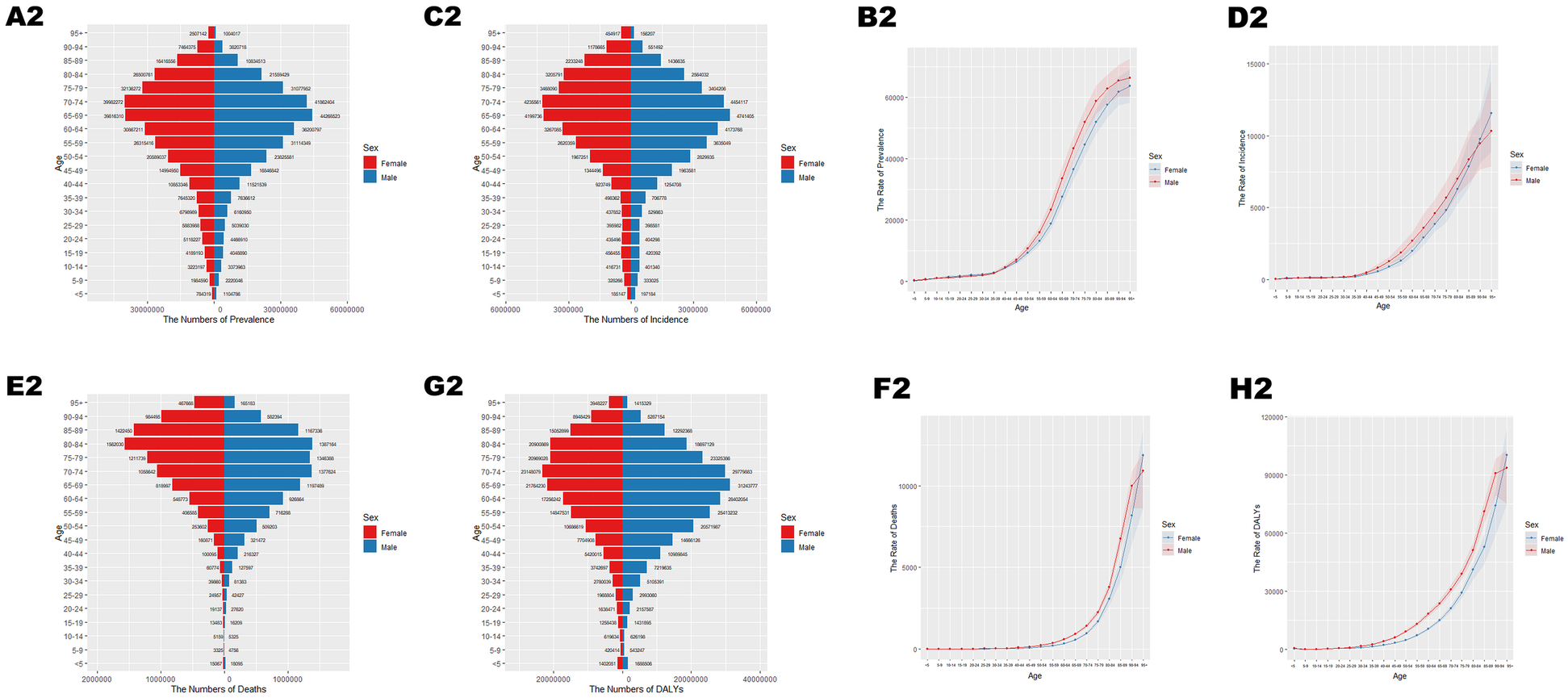 Eight graphs display health-related data by age and sex. A2 and C2 show population pyramids for prevalence and incidence, respectively. E2 and G2 show deaths and DALYs in similar formats. B2, D2, F2, and H2 depict line graphs illustrating rates of prevalence, incidence, deaths, and DALYs, respectively, by age, comparing males and females.