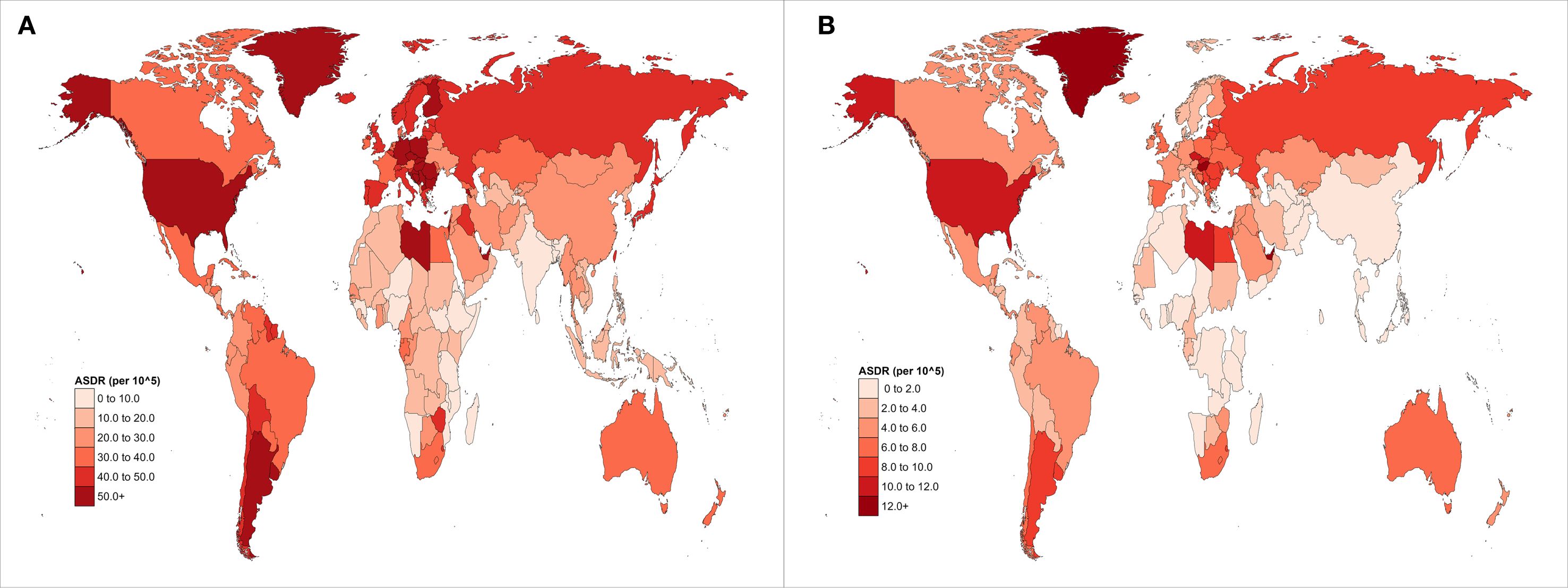 Two world maps labeled A and B show Age-Standardized Death Rates (ASDR) per 100,000. Map A ranges from 0 to over 50, with darker colors indicating higher rates. Map B ranges from 0 to over 12, also using a color gradient. The United States, Russia, and parts of South America and Europe show higher rates.