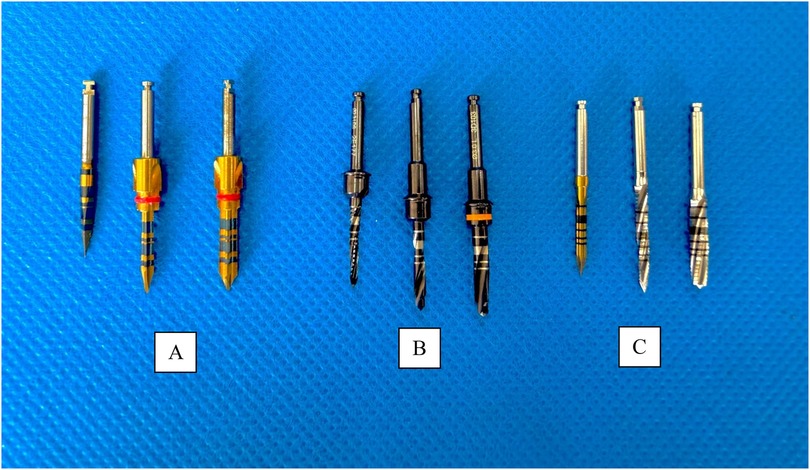 Three sets of endodontic files labeled A, B, and C are arranged on a blue background. Each set contains three files, differing in color and design. Set A has gold-colored files, Set B has dark-colored files, and Set C has metallic silver files.
