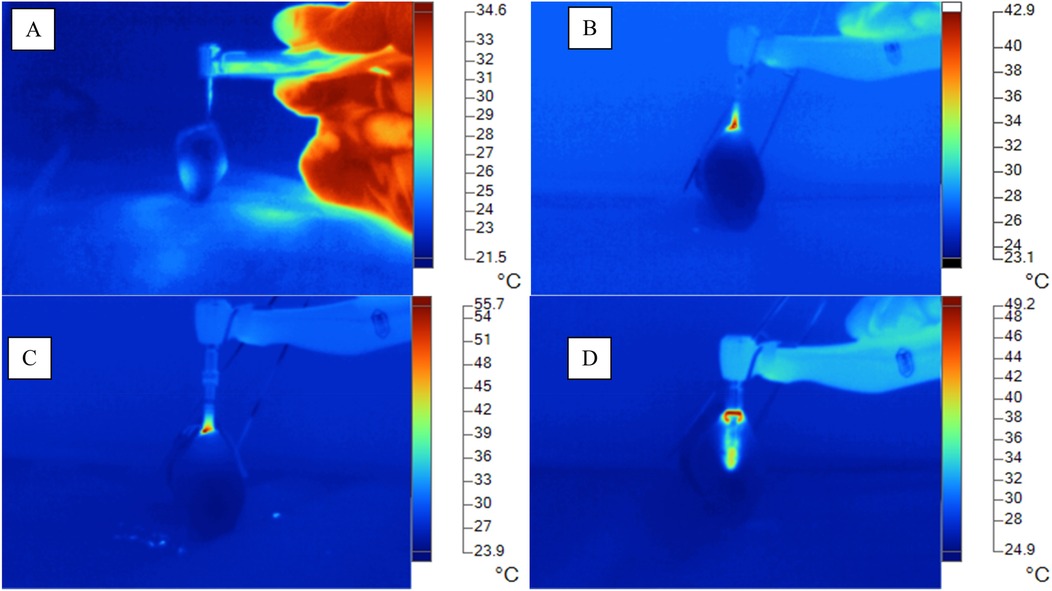 Thermal images labeled A to D show a person's hand interacting with an object, with temperature scales in degrees Celsius on the side. Image A depicts a warm hand holding a cooler object. In images B and C, specific areas on the object exhibit higher temperatures. Image D shows a distinct heat pattern on the object. The images use a color gradient from blue (cooler) to red (warmer) to indicate temperature differences.