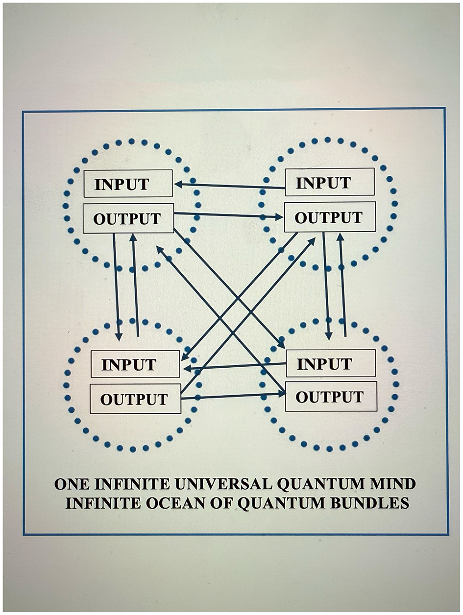 Diagram with four circles, each containing “Input” and “Output” boxes. Arrows connect the boxes, forming a network. Text below reads: “One Infinite Universal Quantum Mind, Infinite Ocean of Quantum Bundles.