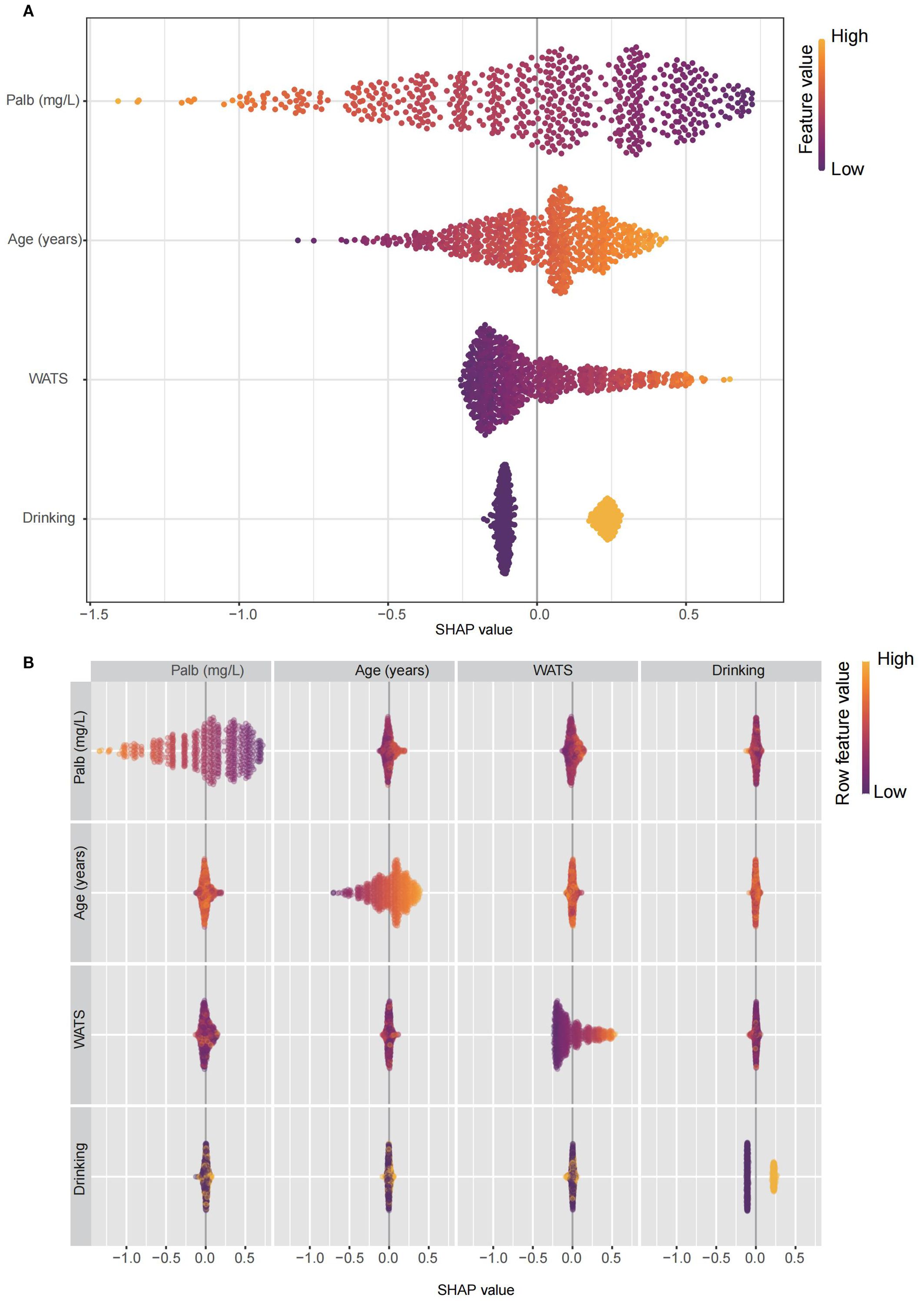 Two plots analyze the impact of features on model output using SHAP values. Plot A depicts a summary plot with features: Palb, Age, WATS, Drinking, each color-coded by feature value from low (purple) to high (yellow). Plot B is a heatmap showing interactions of the same features, with SHAP value distributions displayed along diagonal and cross-feature effects in off-diagonals, also color-coded by feature value.