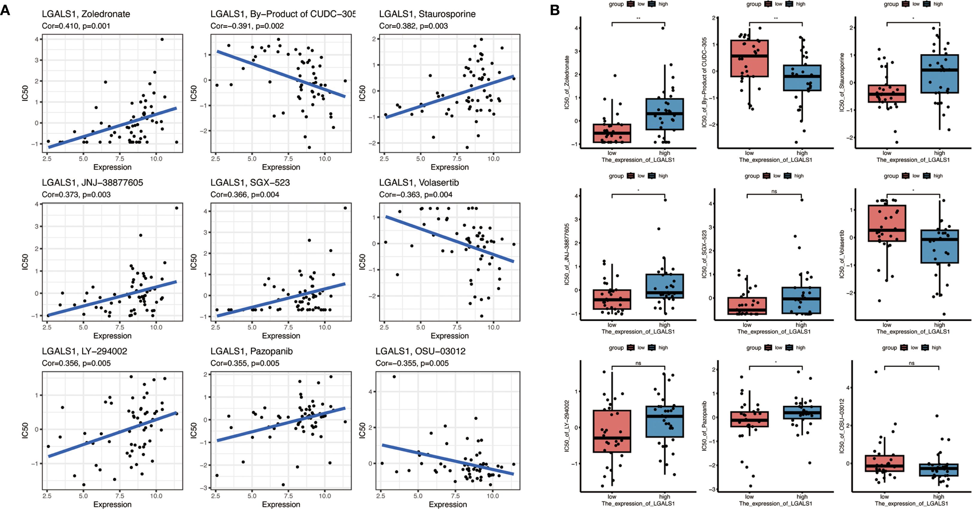 Series of graphs comparing LGALS1 expression and IC50 values for various drugs. Section A contains scatter plots with trend lines showing correlation between expression and IC50 for drugs like Zoledronate, CUDC-305, and others. Section B contains box plots comparing IC50 between low and high LGALS1 expression groups for each drug, with statistical significance indicated.