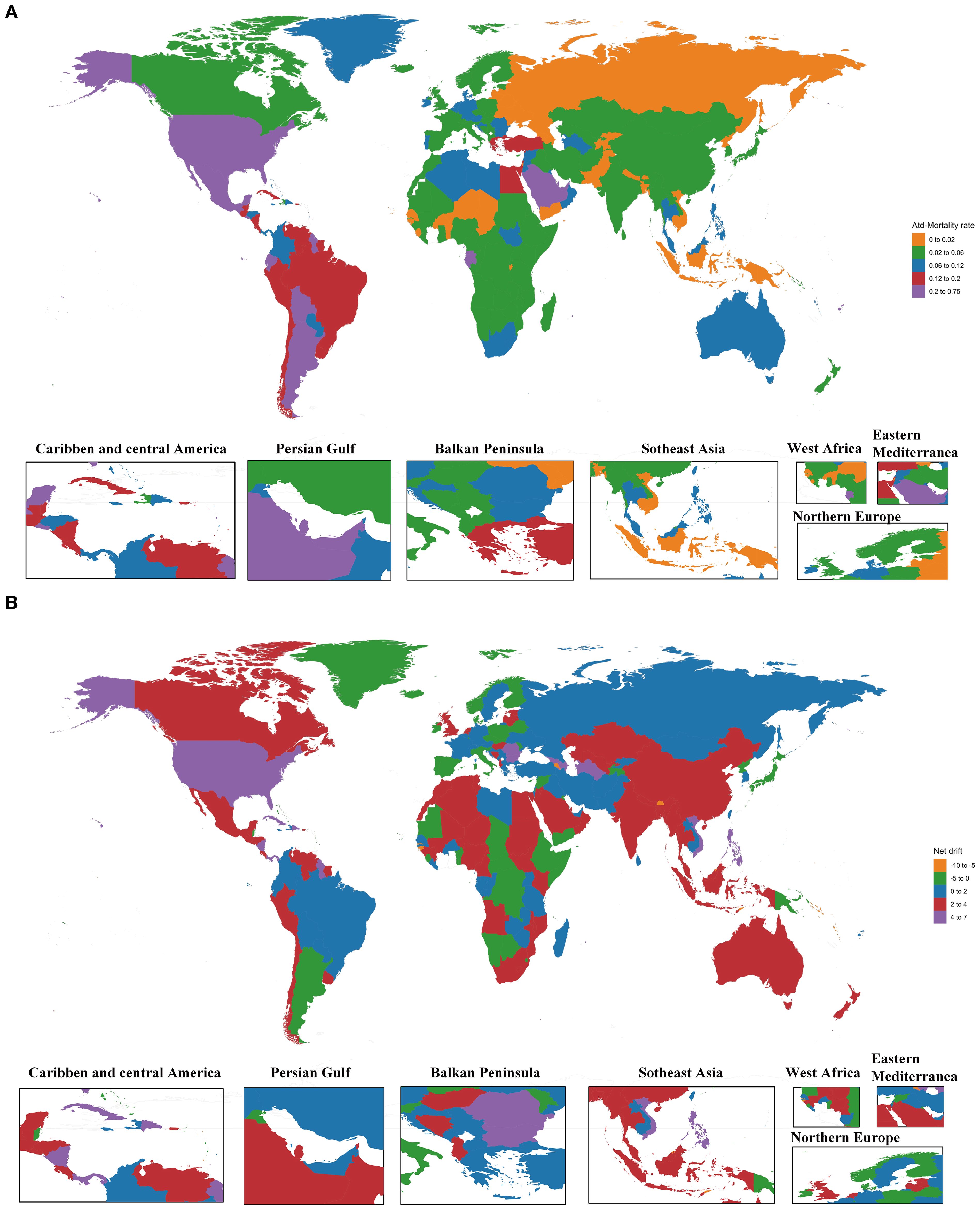Map A displays global antispecies mortality rates using color-coded regions ranging from less than 0.02 to greater than 0.75. Below are close-ups of specific regions including the Caribbean, Persian Gulf, Balkan Peninsula, Southeast Asia, West Africa, Eastern Mediterranean, and Northern Europe. Map B shows global net drift rates with colors indicating shifts between negative seven to positive seven, accompanied by regional close-ups for the same areas.
