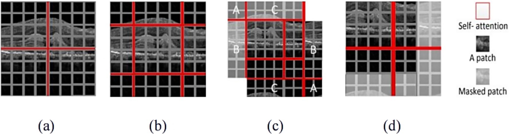Four images labeled (a) to (d) show a grayscale eye scan divided by grids, highlighting different sections with red lines. Red-bordered grids indicate self-attention areas, with image (c) additionally labeling areas A to C. A legend explains symbols: red for self-attention, dark for A patch, light for masked patch.