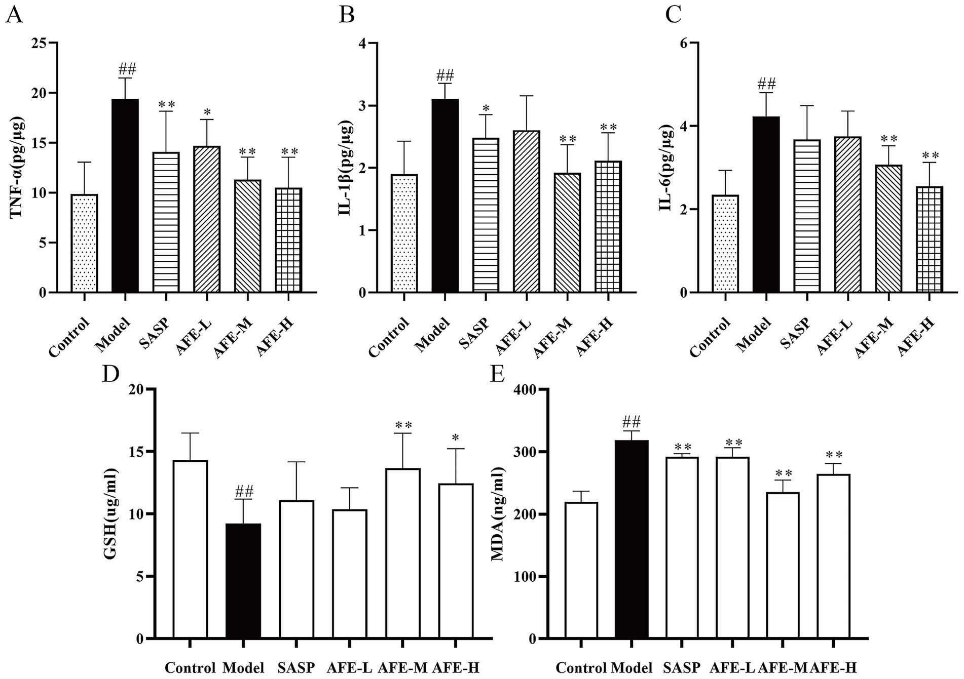 Bar charts labeled A to E display various biochemical measurements. A: TNF-α levels show the Model group has the highest value, significantly more than Control and SASP groups. All AFE groups show reduced levels compared to Model.B: IL-1β levels in Model group are elevated compared to Control, with reductions in AFE-M and AFE-H groups.C: IL-6 levels peak in Model group, with notable decreases in AFE-M and AFE-H groups.D: GSH levels are lowest in Model group. AFE-H shows significant improvement.E: MDA levels are highest in Model, with reductions in all test groups, especially SASP. Bars indicate mean values with error bars. ** and ## denote statistical significance.