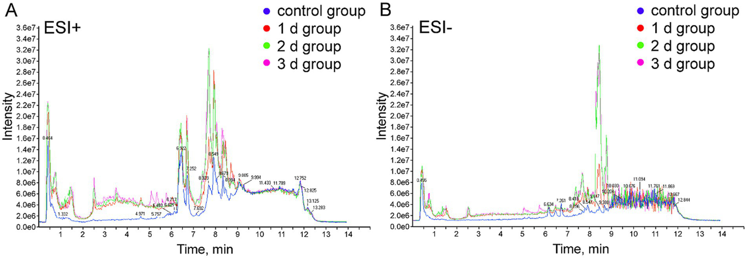 Two line graphs labeled A and B show intensity over time in minutes for different groups using ESI positive and negative modes. Lines represent four groups: control (blue), 1 day (red), 2 days (green), and 3 days (purple). Both graphs display peaks at various time points, indicating changes in intensity across groups.