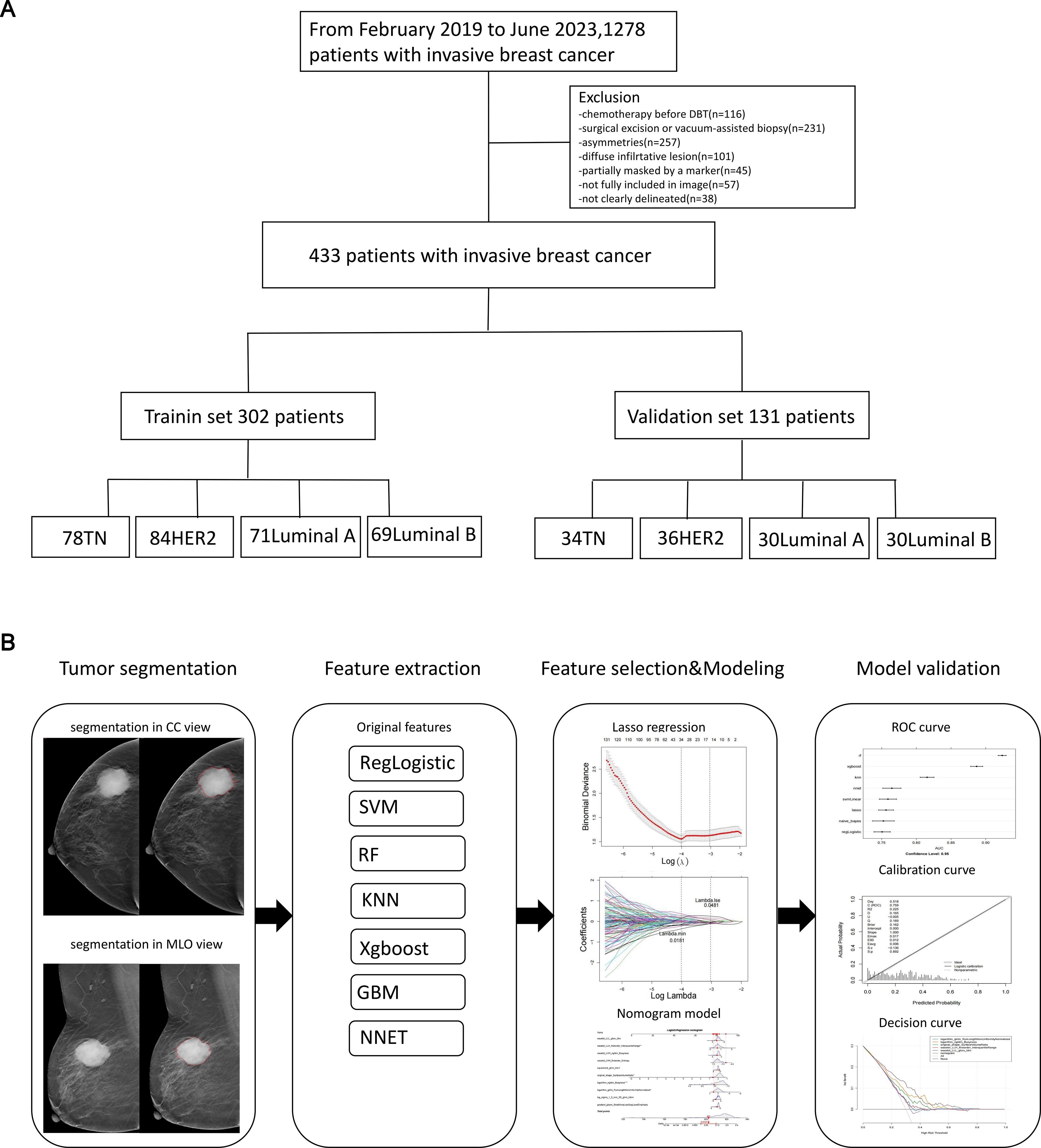 Flowchart and diagram illustrating a study on patients with invasive breast cancer and tumor analysis. Part A shows a selection process involving 1,278 patients, excluding criteria, resulting in 433 patients divided into training and validation sets. Part B depicts tumor segmentation in mammogram views, followed by feature extraction with models such as RegLogistic and SVM. It proceeds to feature selection using Lasso regression and nomogram modeling, concluding with model validation including ROC, calibration, and decision curves.