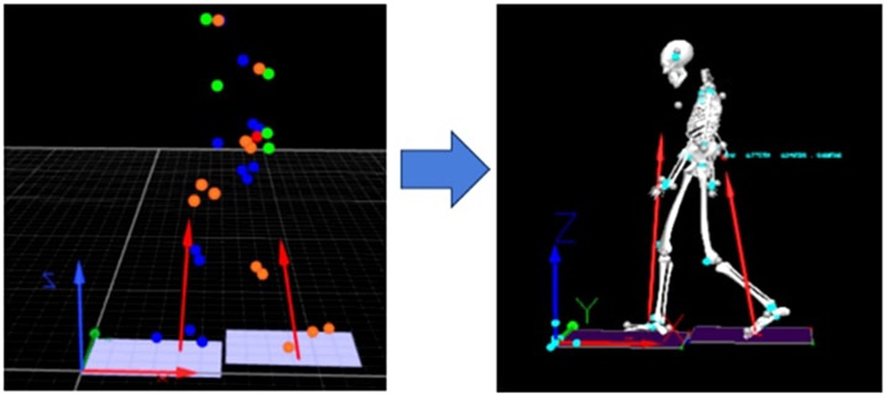Side-by-side diagrams depict motion capture data. The left shows colored markers in 3D space with directional arrows. The right illustrates a skeletal model walking, highlighting joint movements with colored arrows.
