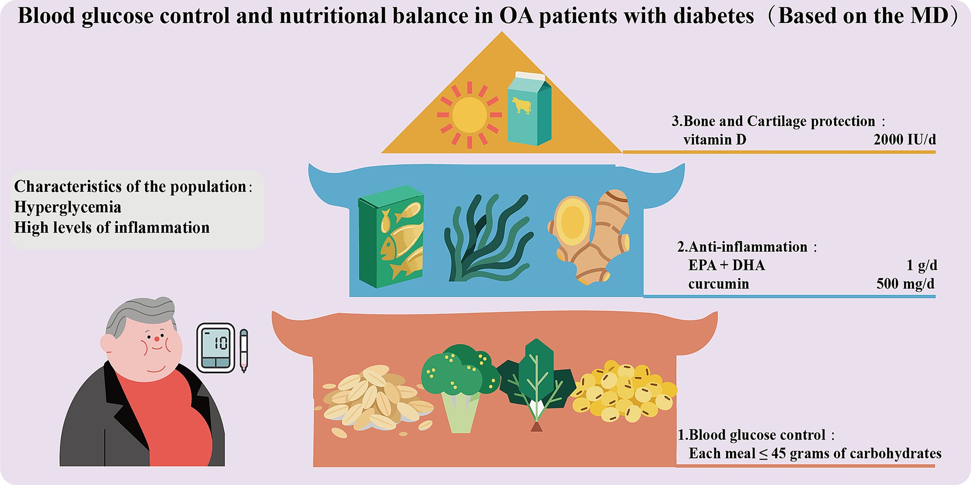 Illustration showing nutritional guidelines for osteoarthritis patients with diabetes. It highlights three areas: blood glucose control with meals under forty-five grams of carbohydrates, anti-inflammation using one gram of EPA/DHA and five hundred milligrams of curcumin daily, and bone protection with two thousand IU of vitamin D. Foods depicted include grains, vegetables, dairy, fish, seaweed, and ginger. Characteristics of the population are hyperglycemia and high inflammation levels. An elderly person is shown alongside a glucose monitor.