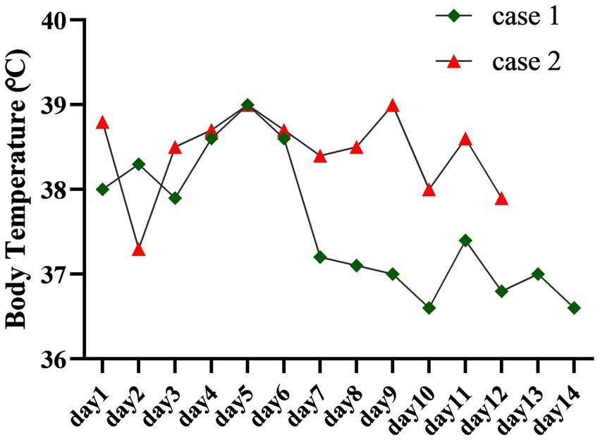 Line graph depicting body temperature in degrees Celsius over fourteen days for two cases. Case 1, represented by green diamonds, varies around 38°C. Case 2, shown by red triangles, fluctuates between 38°C and 39°C.