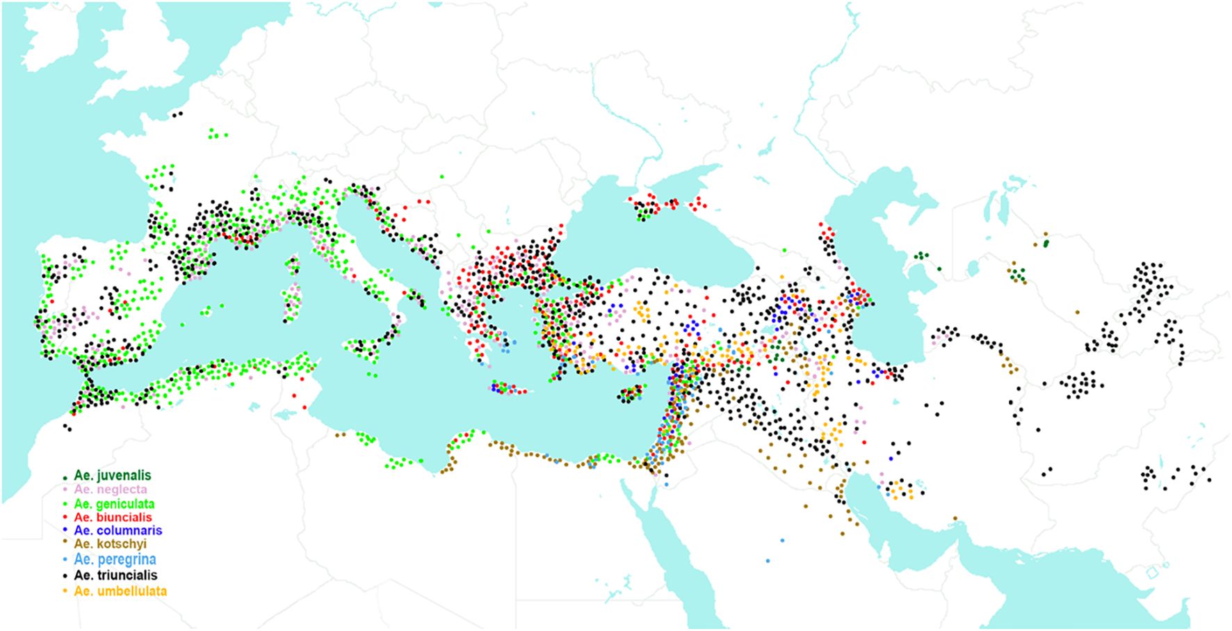 Map of Mediterranean region showing the distribution of nine Aegilops species, each species designated with color dots.
