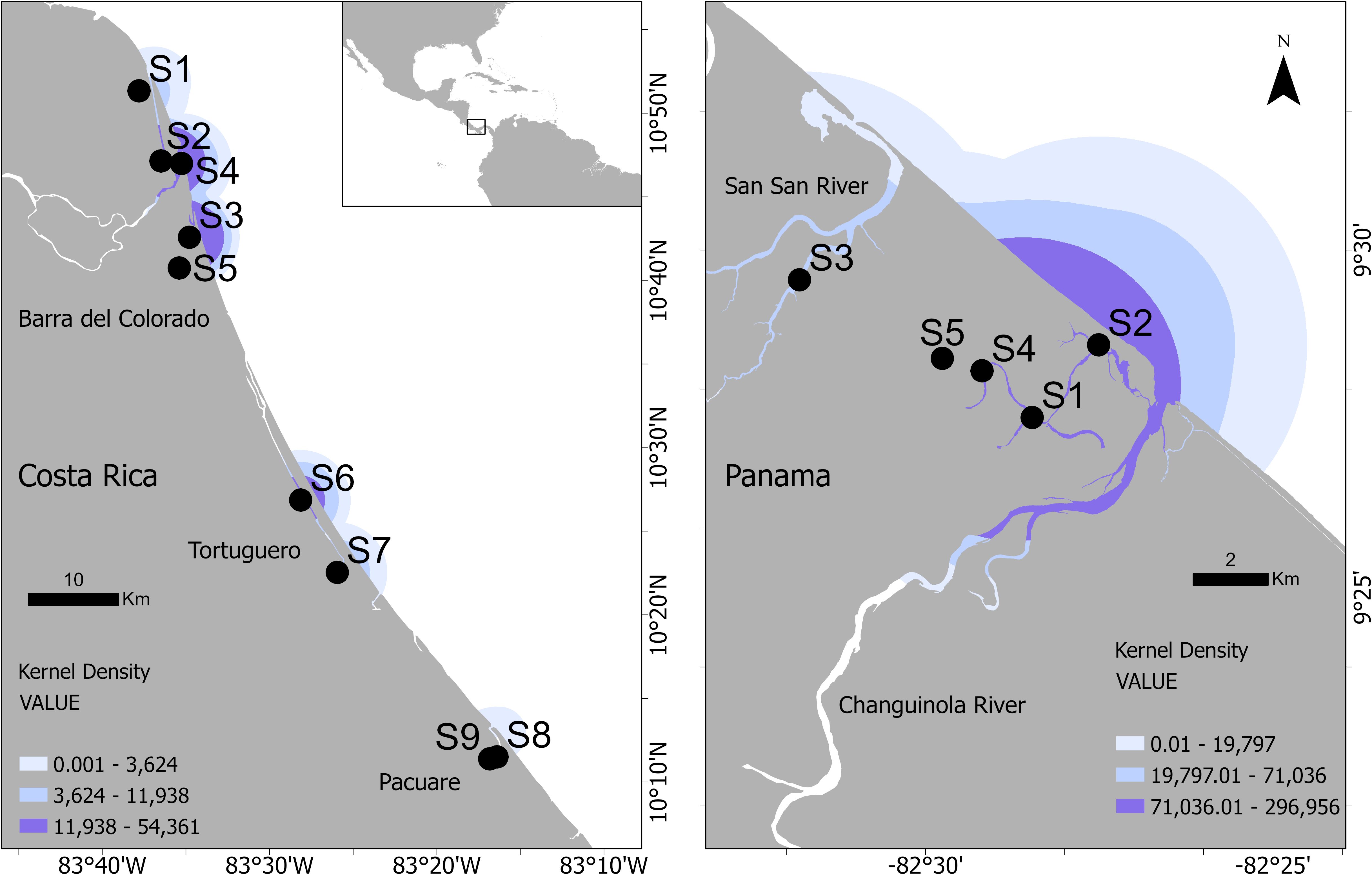 Map of the Costa Rica-Panama border showing kernel density values related to points S1 to S9. Points S1 to S5 are near river mouths. Areas highlighted in various shades of blue and purple indicate kernel density values, with darker shades representing higher values. Inset map shows the location in Central America. Scale bars indicate distances in kilometers.
