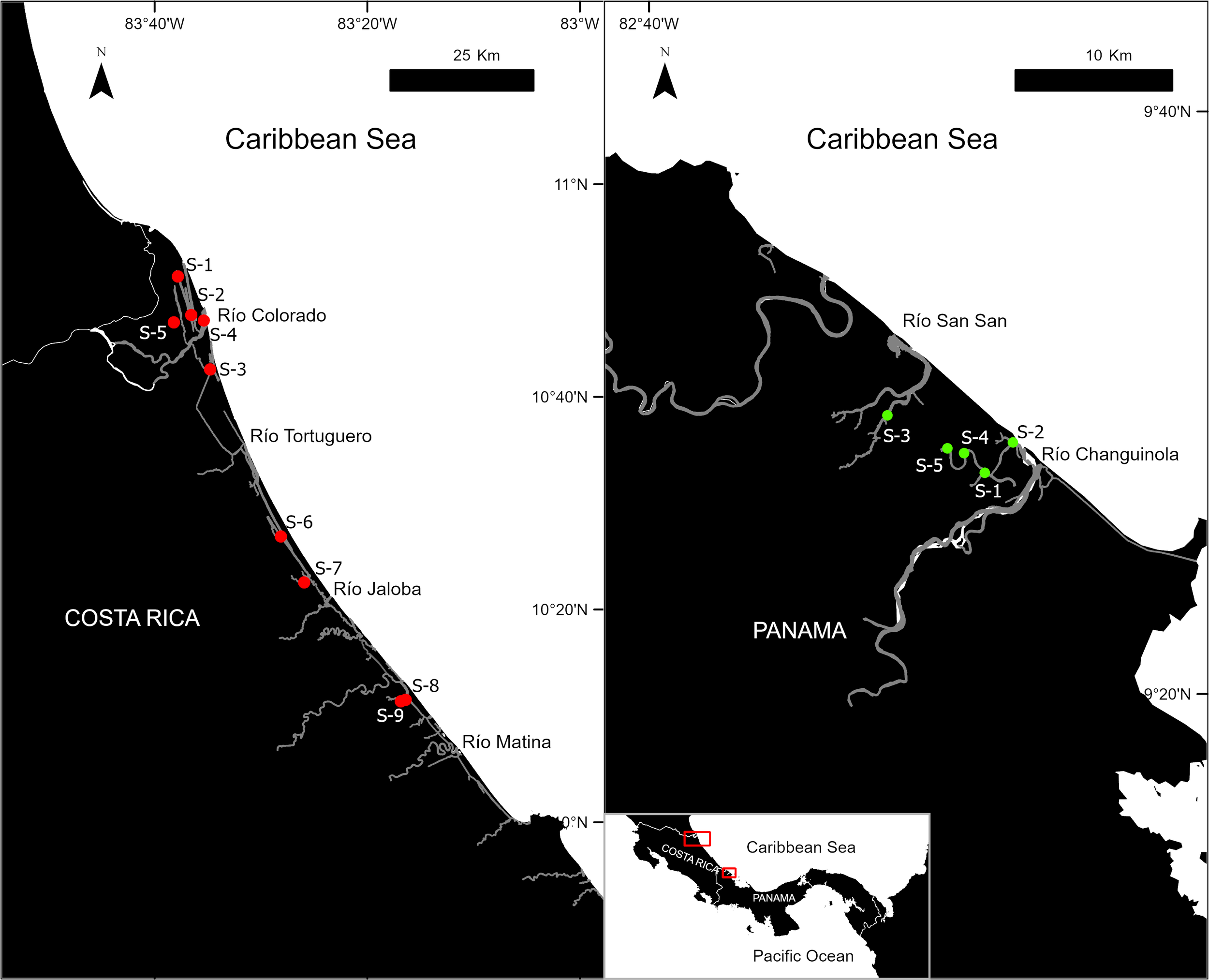 Map depicting sampling locations along the Caribbean coasts of Costa Rica and Panama. Red and green markers indicate locations along various rivers including Río Colorado, Río Tortuguero, Río Jaloba, Río Matina, Río San San, and Río Changuinola. Insets show regional context within Central America.