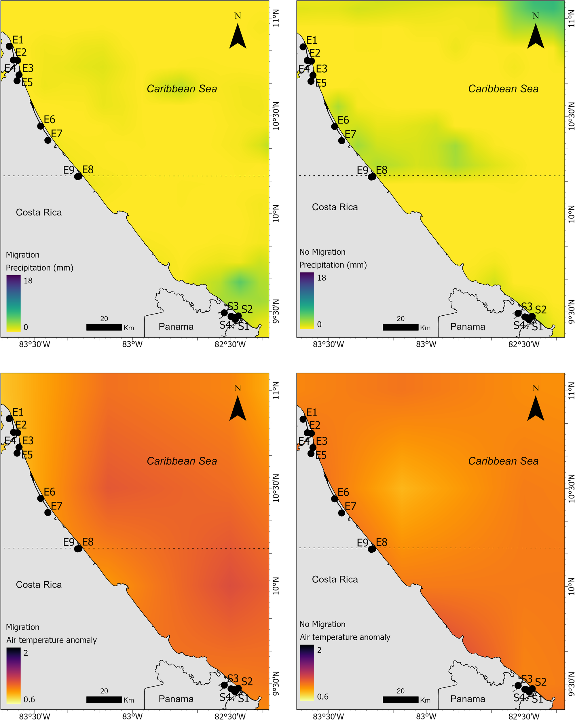 Four-panel map comparing precipitation and air temperature anomalies in Costa Rica and Panama near the Caribbean Sea. The top panels show precipitation with and without migration, using a color gradient from purple to green. The bottom panels depict air temperature anomalies with a gradient from purple to orange. Black dots indicate specific locations labeled E1 to E9 and S1 to S4. A scale bar and North arrow are included.