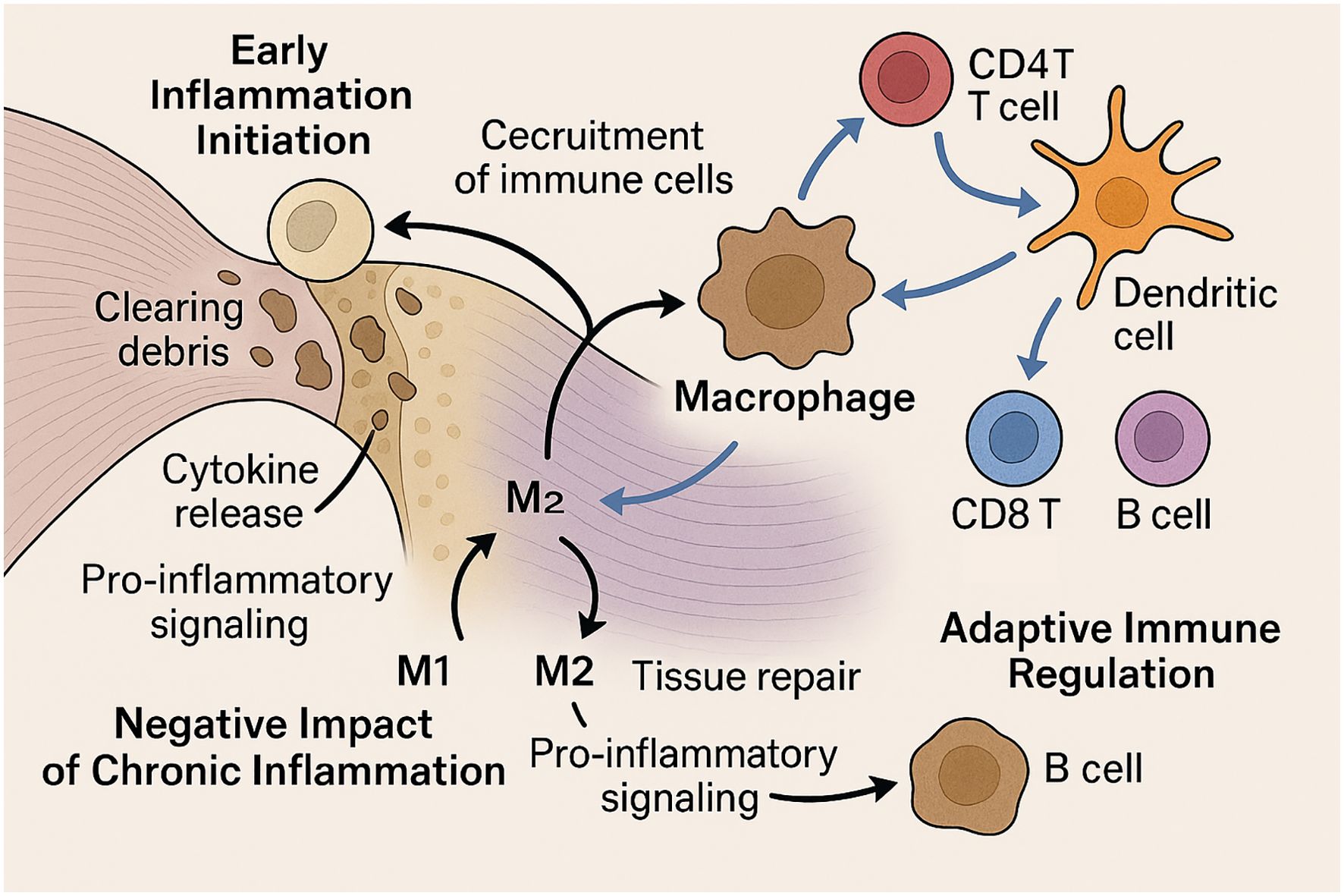 Diagram of the inflammatory response shows the progression from early inflammation with cytokine release and debris clearing to chronic inflammation's negative impact. It illustrates macrophage involvement in recruiting immune cells like CD4T, CD8T, B cells, and dendritic cells, leading to adaptive immune regulation. M1 and M2 pathways highlight roles in tissue repair and pro-inflammatory signaling.