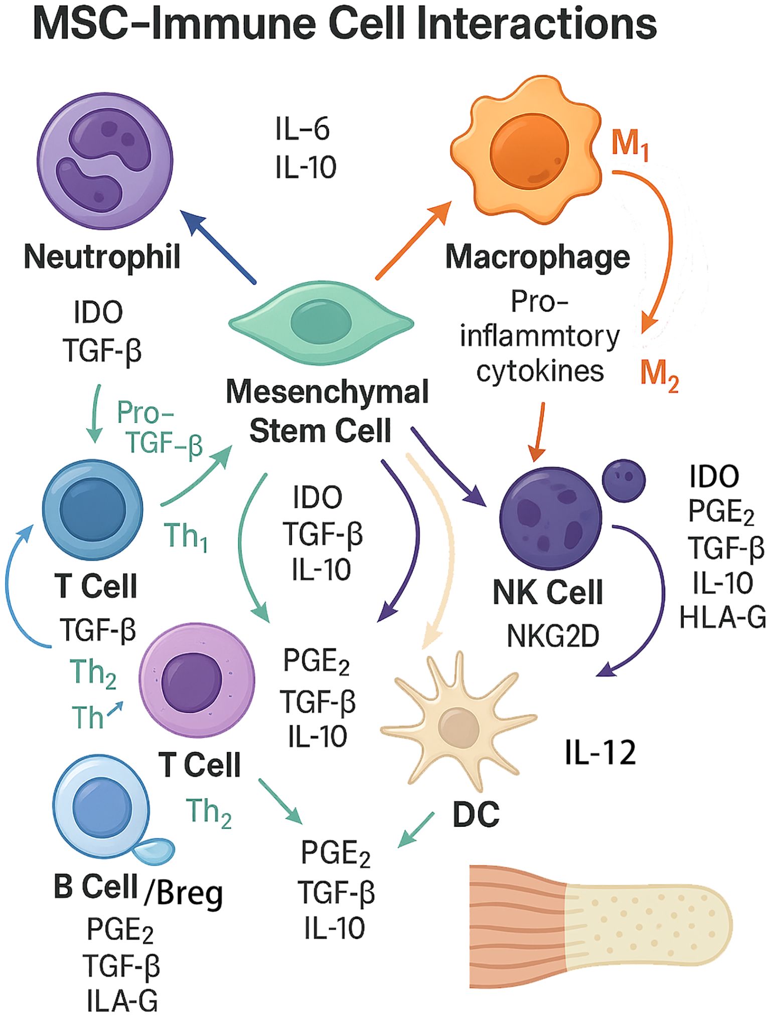 Diagram titled “MSC–Immune Cell Interactions” showing various immune cells interacting with mesenchymal stem cells (MSCs). Neutrophils, macrophages, T cells, B cells, natural killer (NK) cells, and dendritic cells (DC) are depicted. Arrows indicate interactions, including the production of cytokines like IL-6, IL-10, TGF-β, and others, highlighting the regulatory effects of MSCs on these immune cells.