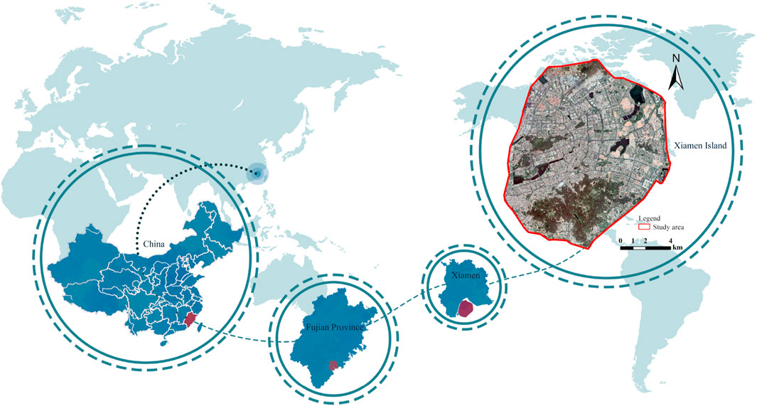 Map highlighting the location of Xiamen Island in China. The map shows a world view with China, Fujian Province, and Xiamen marked within circular insets. The zoomed-in view of Xiamen Island is outlined in red, indicating the study area. The scale bar at the bottom right indicates distance in kilometers.