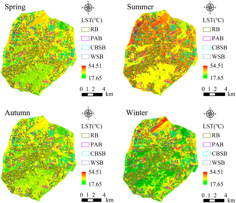 Four seasonal maps displaying land surface temperature (LST) variations in an area. Each map indicates temperature ranges with a color gradient from red (warm) to green (cool), accompanied by a legend. The maps are labeled for spring, summer, autumn, and winter, showing distinct temperature distributions. A scale bar and compass rose are included for reference.