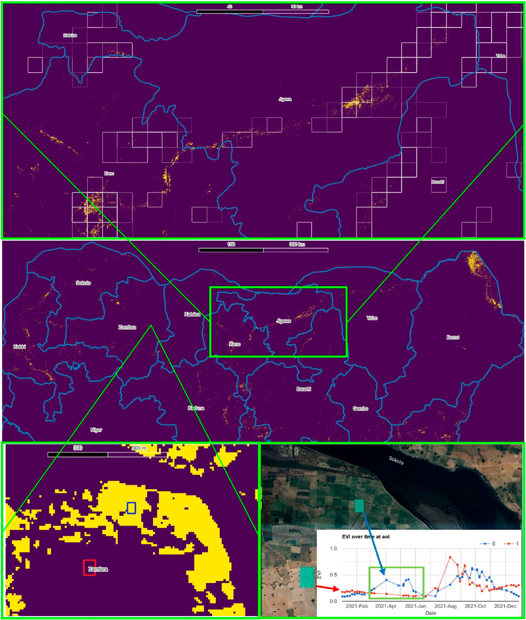 A map illustrating various regions with highlighted boundaries, grids, and names overlaid on a purple background. The map zooms into certain areas to show more detailed sections. A section of the map highlights a specific area labeled