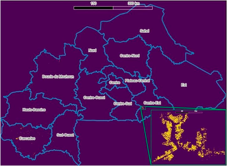 Map of Burkina Faso with regions outlined in blue and labeled, including Nord, Sahel, Centre-Nord, and others. An inset shows a detailed view of a highlighted area, representing irrigation, marked in yellow against a purple background. A scale bar is at the top.