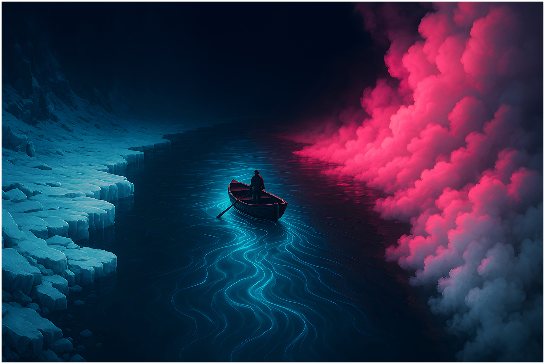 A metaphorical image shows a lone silhouetted figure paddling a small wooden boat down a dark river marked by glowing blue wavy lines. The left bank consists of sharp, icy blue rock formations, symbolizing excessive order (subcriticality). The right bank is made of billowing, vibrant pink and white clouds resembling steam, symbolizing excessive chaos (supercriticality). The central river flow represents the optimal dynamic state of quasicriticality, navigating between these extremes.