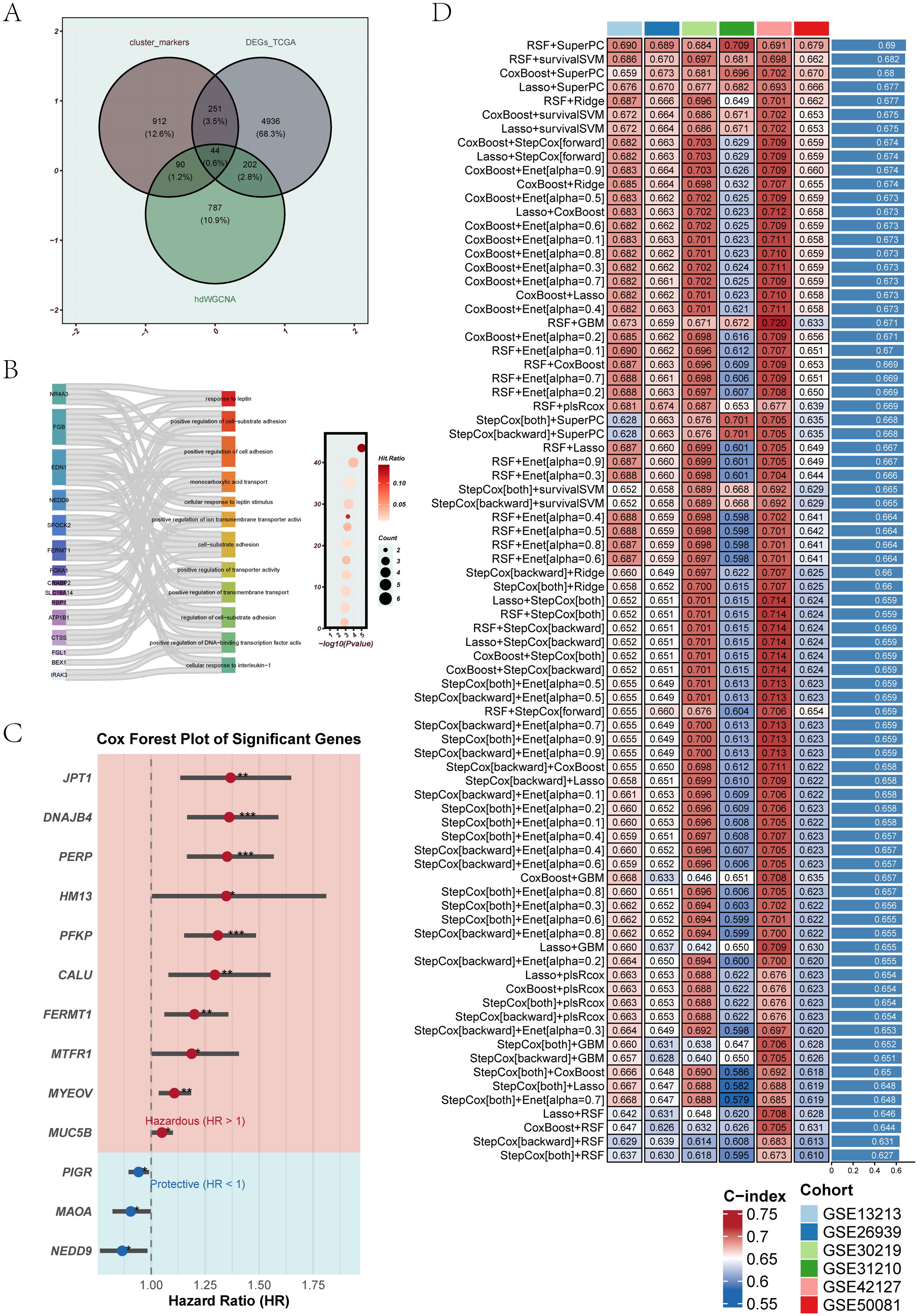 A complex multi-panel scientific illustration. Panel A shows a Venn diagram overlapping three data sets: cluster_markers, DEGs_TCGA, and hdWGCNA, indicating shared and unique elements. Panel B is a bar and dot plot illustrating pathways and enrichment factors, with colored bars and varying dot sizes and shades representing significance and count. Panel C is a Cox forest plot displaying hazard ratios for significant genes, where JPT1 to NEDD9 are plotted with colored dots and error bars indicating hazard level. Panel D presents a heatmap with C-index values and a cohort legend, listing statistical models and methods.