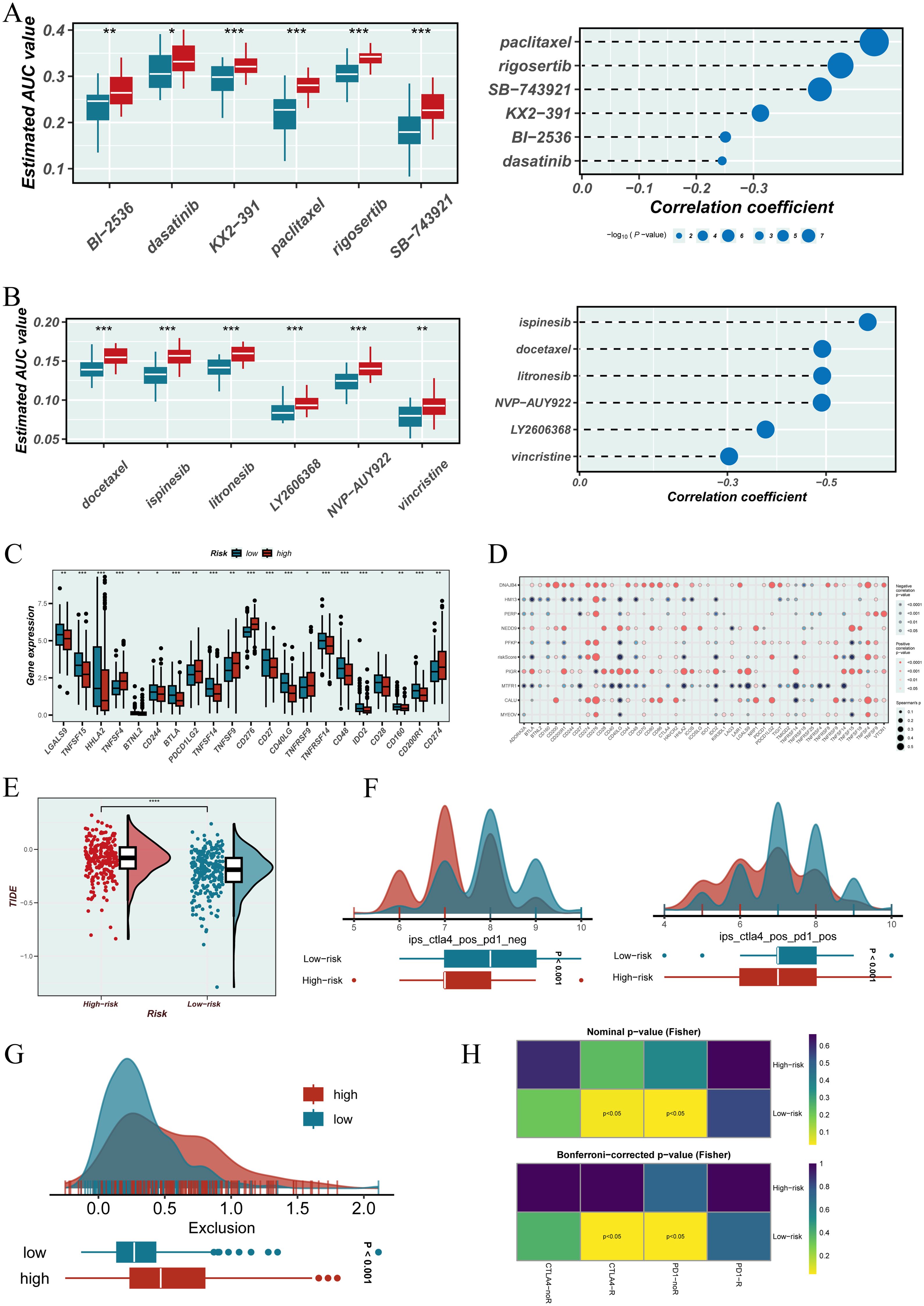 Panel A shows box plots of estimated AUC values for various drugs, and a dot plot of correlation coefficients. Panel B includes box plots for another set of drugs and a similar correlation plot. Panel C presents box plots of gene expression across different risk levels. Panel D features a heatmap of various parameters. Panel E has a violin plot for TIDE scores across risk groups. Panel F displays density plots for IPS scores and risk categories. Panel G shows a density plot and box plot for exclusion scores. Panel H contains heatmaps of nominal and Bonferroni-corrected p-values.