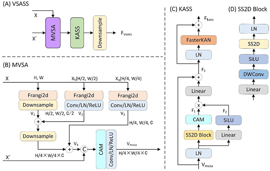 Diagram illustrating a complex model architecture with four panels labeled A, B, C, and D. Panel A depicts the VSASS process with MVSA, KASS, and Downsample components. Panel B expands on MVSA, showing processes like Frangi2d, Downsample, and CAM with various arrows indicating data flow. Panel C displays the KASS process with components like FasterKAN, CAM, and SS2D Block. Panel D focuses on the SS2D Block detailing LN, SiLU, and DWConv processes. Each component and its connections are marked by arrows to indicate the data workflow.