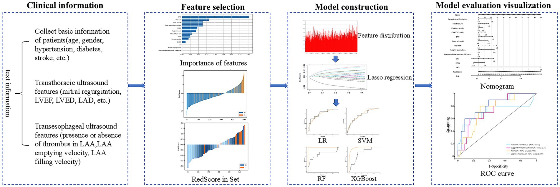 Flowchart depicting a predictive model process with four stages: “Clinical information” involves collecting patient data such as age and medical conditions. “Feature selection” analyzes feature importance with charts. “Model construction” uses feature distribution, lasso regression, and models such as LR, SVM, RF, and XGBoost. “Model evaluation visualization” includes nomograms and ROC curves to assess sensitivity and specificity.