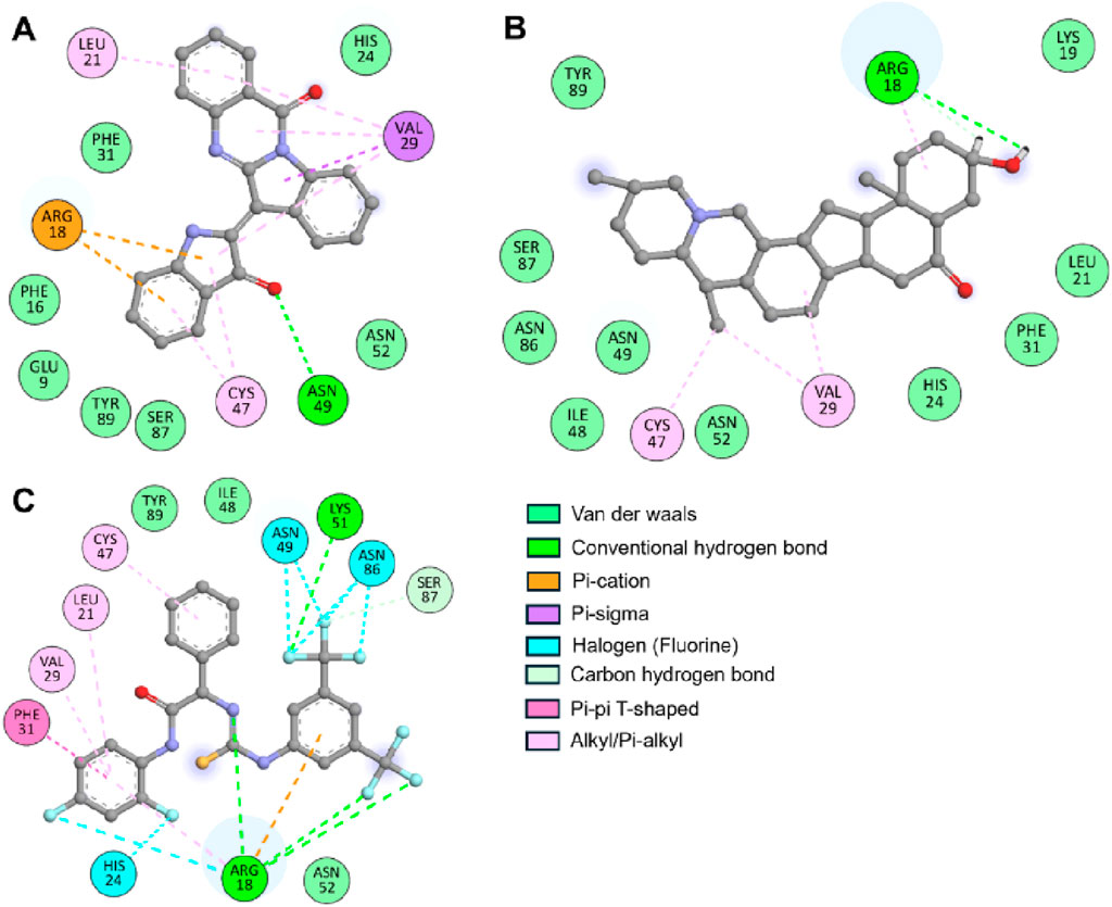 Molecular interaction diagrams labeled A, B, and C show interactions between a molecular structure and amino acids. Various interaction types are color-coded: Van der Waals (mint green), conventional hydrogen bonds (green), Pi-cation (orange), Pi-sigma (purple), halogen (cyan), carbon hydrogen bonds (light green), Pi-Pi T-shaped (magenta), and alkyl/Pi-alkyl (pink). The diagrams highlight specific amino acid interactions using circled residues.