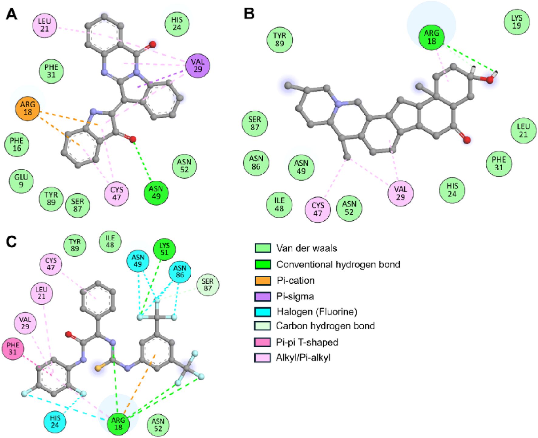 Molecular interaction diagrams labeled A, B, and C show interactions between a molecular structure and amino acids. Various interaction types are color-coded: Van der Waals (mint green), conventional hydrogen bonds (green), Pi-cation (orange), Pi-sigma (purple), halogen (cyan), carbon hydrogen bonds (light green), Pi-Pi T-shaped (magenta), and alkyl/Pi-alkyl (pink). The diagrams highlight specific amino acid interactions using circled residues.