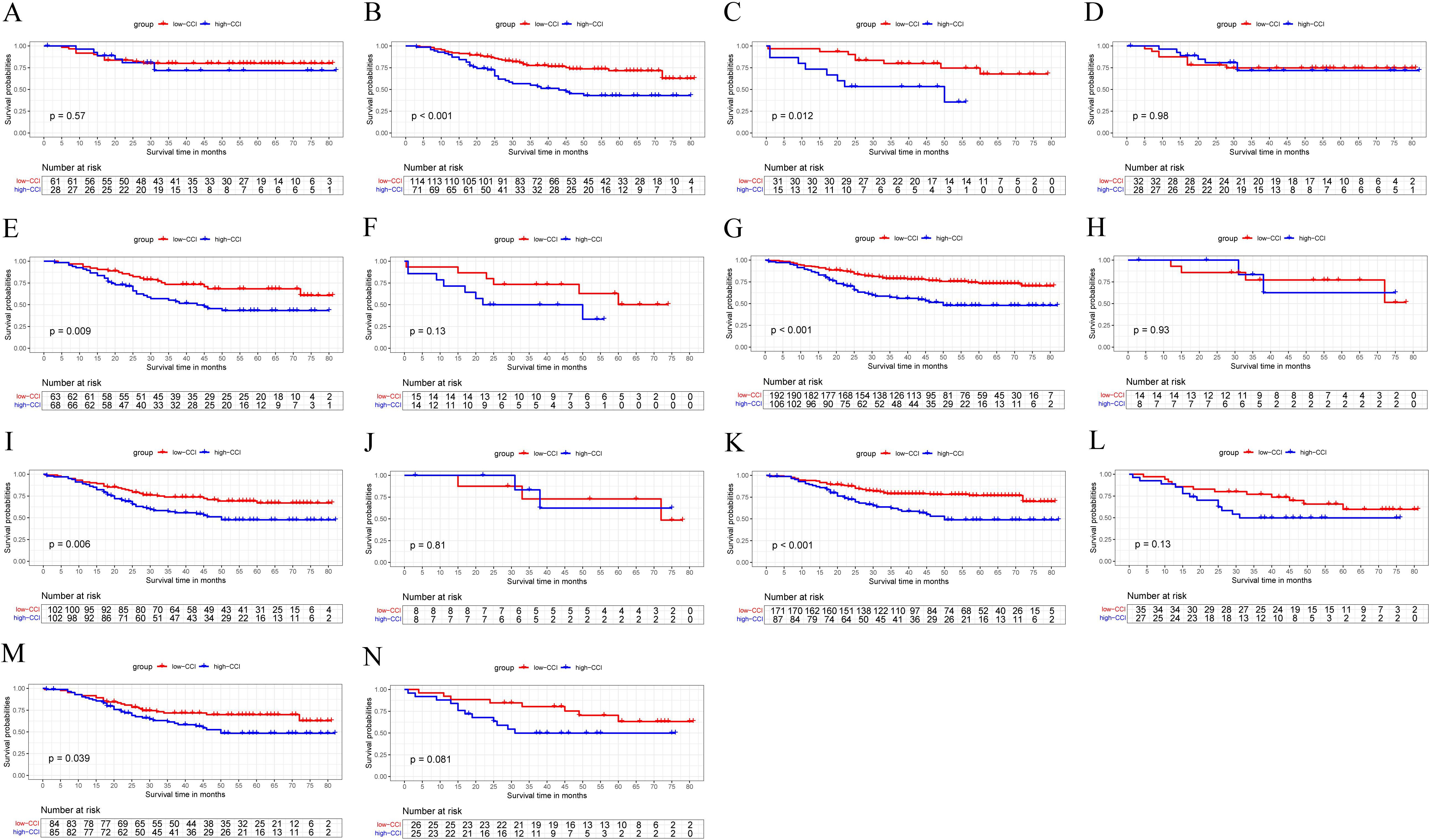 Thirteen Kaplan-Meier survival plots labeled A to N depict survival probabilities over time for groups distinguished by low-CCI (red) and high-CCI (blue). Each panel includes a p-value indicating statistical significance. The number at risk is displayed at the bottom of each plot. Significant differences are observed in plots B, C, E, G, I, and K, with p-values below 0.05, indicating differences in survival between groups.