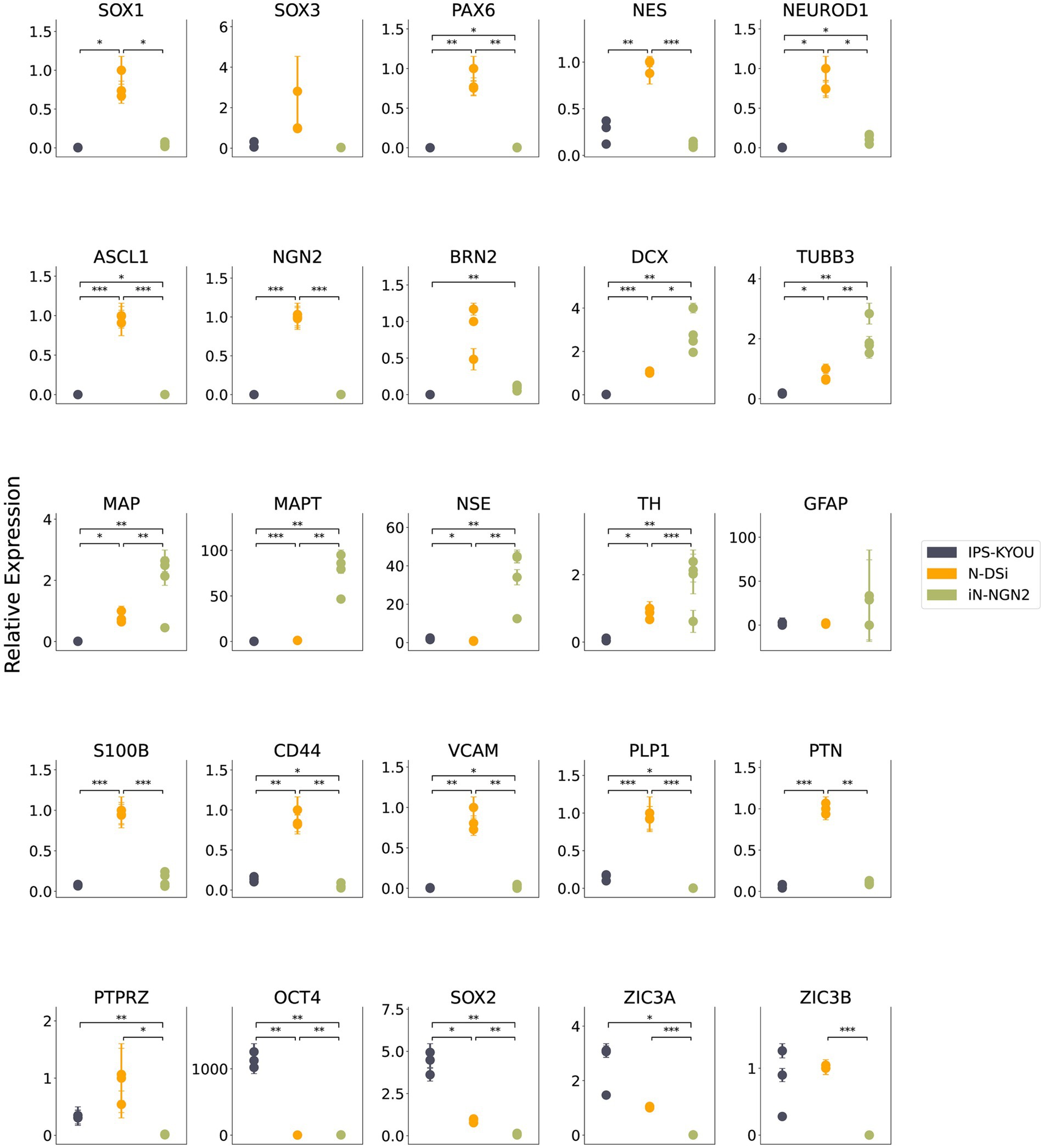 Dot plot arrays showing relative expression levels of various genes (SOX1, SOX3, PAX6, etc.) across three cell types: IPS-KYOU, N-DSi, and iN-NGN2. Expression levels are presented with color-coded dots and error bars. Statistical significance is indicated by asterisks.