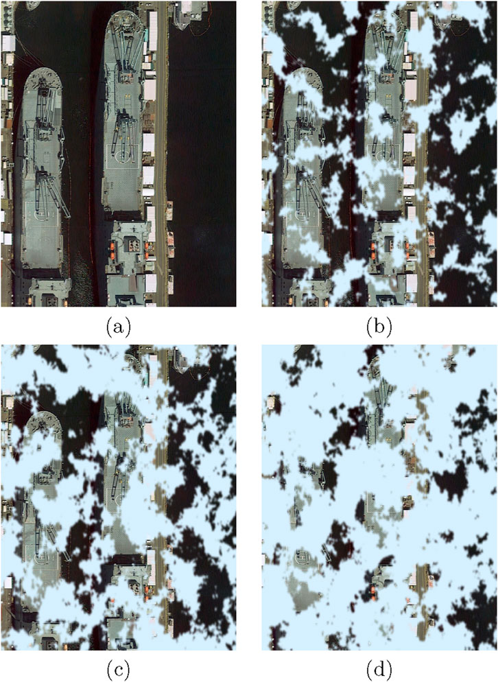 Four satellite images labeled (a), (b), (c), and (d), showing a gradual increase in obfuscation. Image (a) is a clear aerial view of ships docked at a port. Image (b) introduces some distortion, with patches obscuring parts of the view. Image (c) shows increased obfuscation with more areas covered. Image (d) is heavily obscured, making it difficult to identify ships or surroundings.