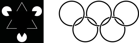A black and white image displaying two designs. On the left, an optical illusion of a white triangle is formed by arranging three black circles with white pie-shaped cuts, set against a black background. On the right, five interconnected black rings form the iconic Olympic symbol.