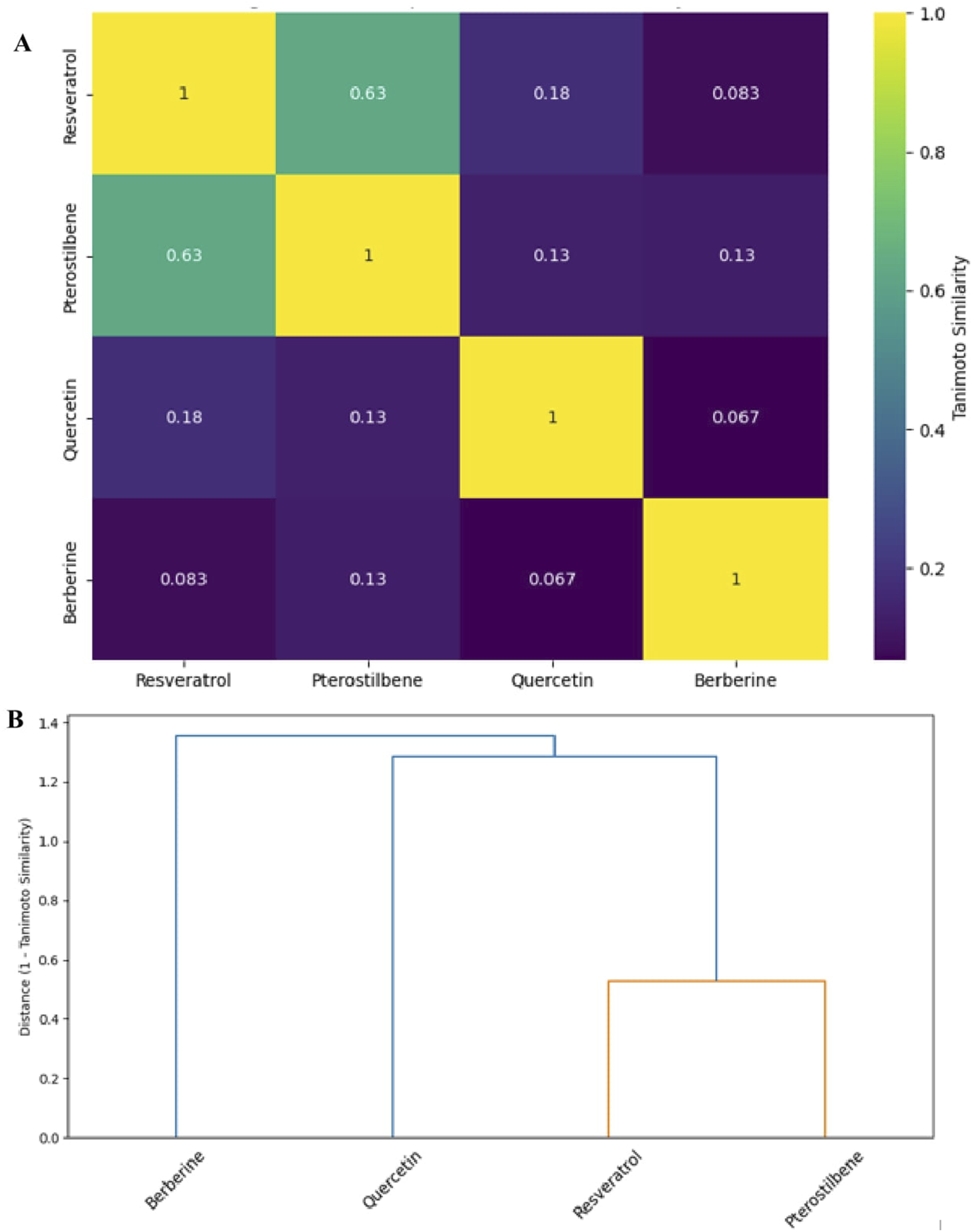 Panel A shows a heatmap of Tanimoto similarity scores among four compounds: Resveratrol, Pterostilbene, Quercetin, and Berberine. Scores range from 0 to 1, indicating varying degrees of chemical similarity. Panel B presents a dendrogram illustrating the hierarchical clustering of the same compounds based on their Tanimoto similarity distances.