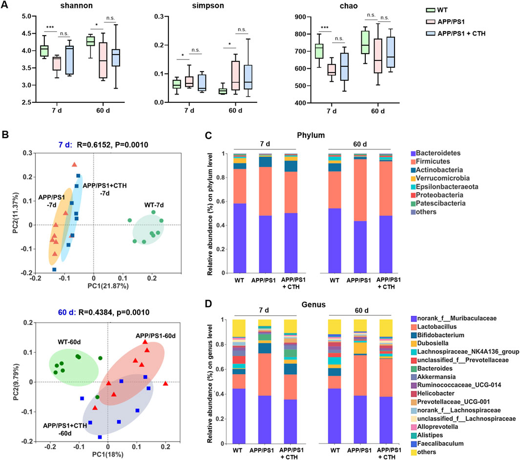 Box plots and bar charts illustrate microbial diversity and relative abundance. Panel A shows Shannon, Simpson, and Chao indices at 7 and 60 days, with WT, APP/PS1, and APP/PS1 + CTH groups. Panel B depicts PCA plots for microbial composition at 7 and 60 days. Panel C displays relative abundance at the phylum level, and Panel D shows abundance at the genus level across groups and days. Statistical indicators are present.