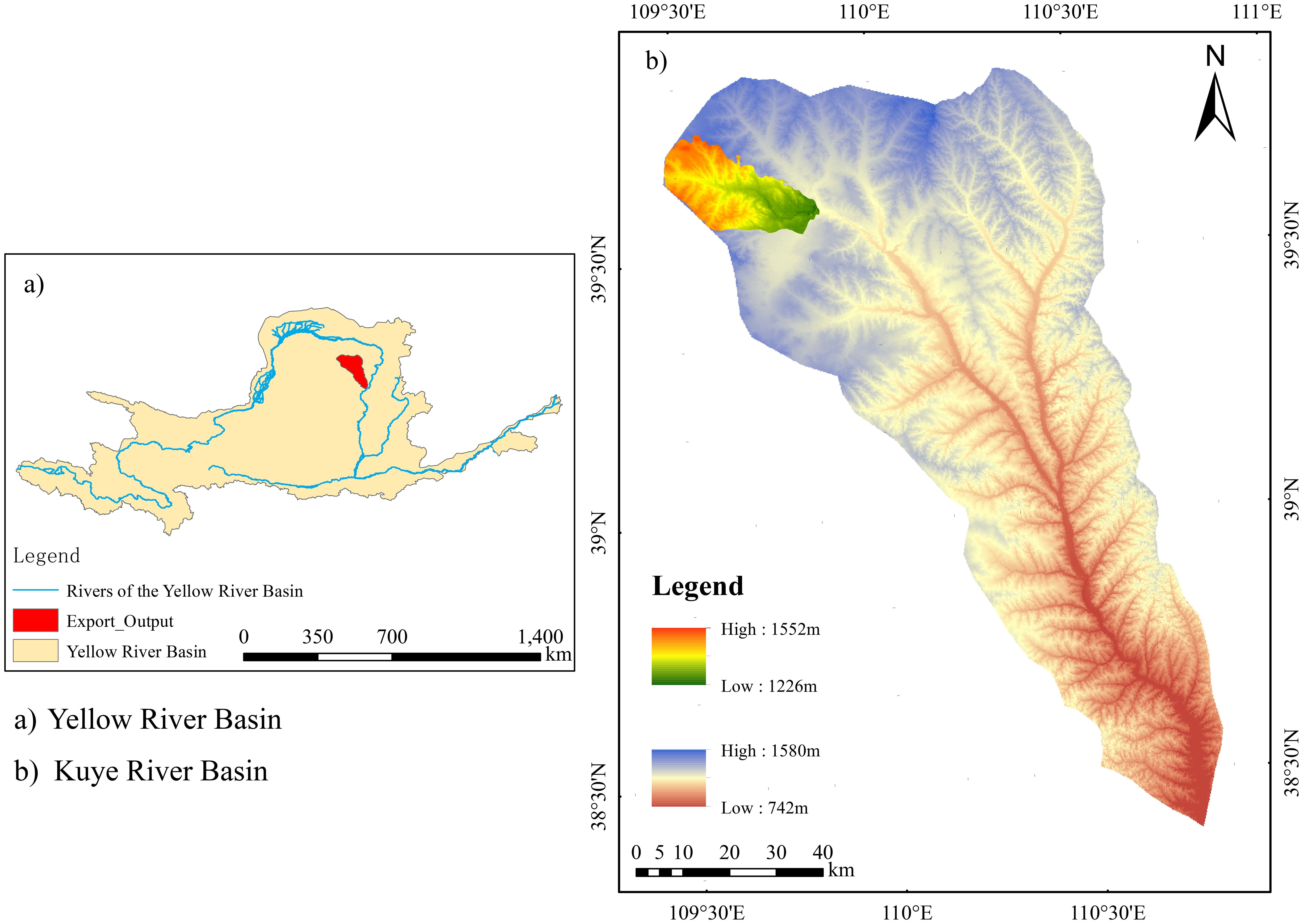 Map of the Yellow River Basin highlighting the Kuye River Basin with elevation color gradients. Insets show vegetation in the research region. A legend indicates elevation from 742 to 1580 and the Kuye River's location.