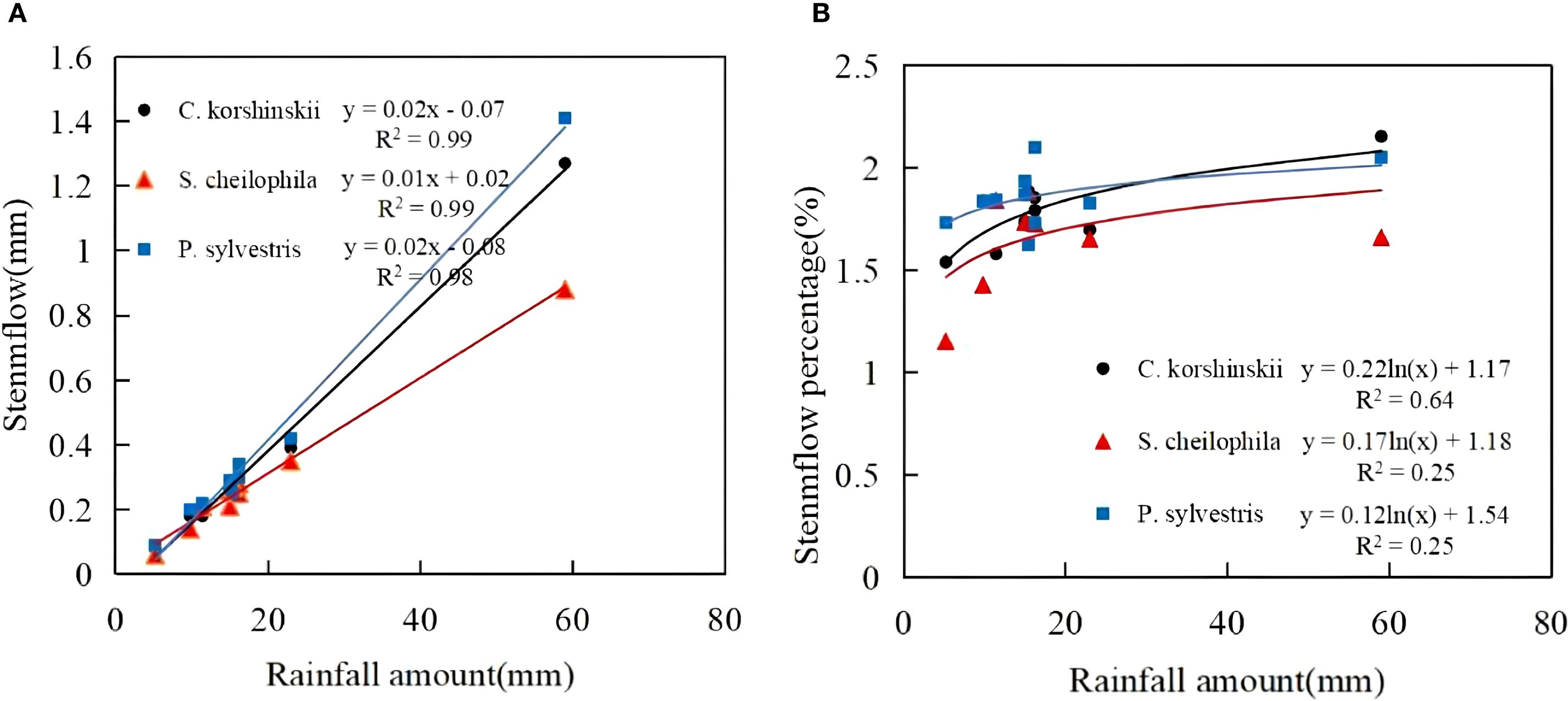 Two graphs labeled A and B show the relationship between rainfall amount and stemflow metrics for three species: *C. korshinskii* (black circles), *S. cheilophila* (red triangles), and *P. sylvestris* (blue squares). Graph A plots stemflow in millimeters, while Graph B shows stemflow percentage, both against rainfall in millimeters. Linear and logarithmic regression lines indicate the level of correlation through R-squared values.