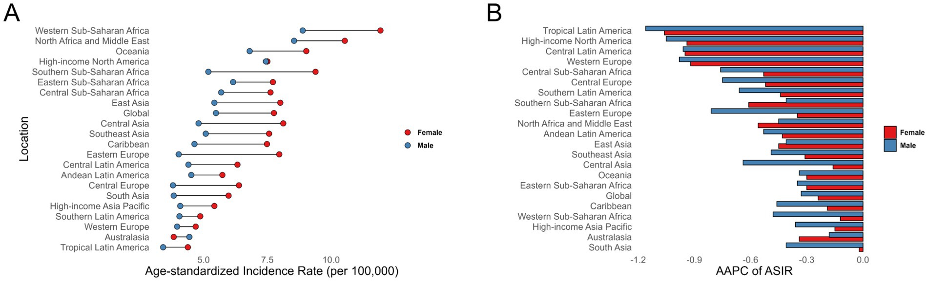 Graph A displays age-standardized incidence rates for various global locations, comparing females (red dots) versus males (blue dots). Graph B shows the average annual percent change (AAPC) of the age-standardized incidence rates, with red bars for females and blue bars for males, across the same locations.