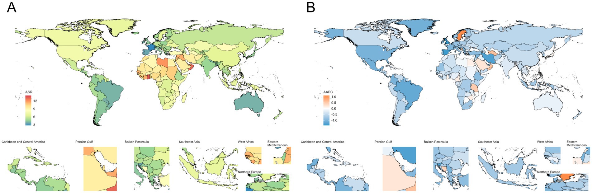 Two world maps compare data. Map A shows ASR with a color gradient from blue (3) to red (12). Map B displays AAPC with a range from blue (-1) to orange (1). Insets below detail regions like the Caribbean, Persian Gulf, and Southeast Asia, using the same color schemes to illustrate variations.